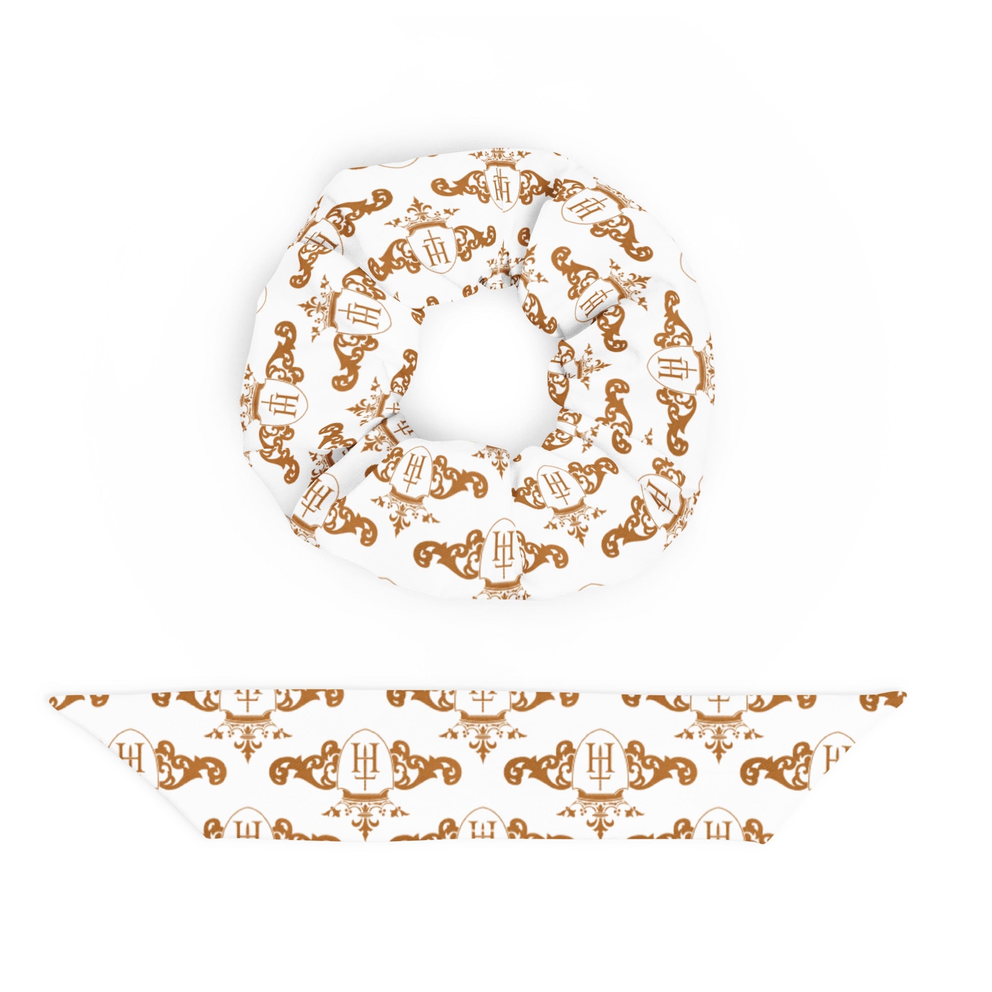 Decorative plate with intricate gold crest patterns on a white background