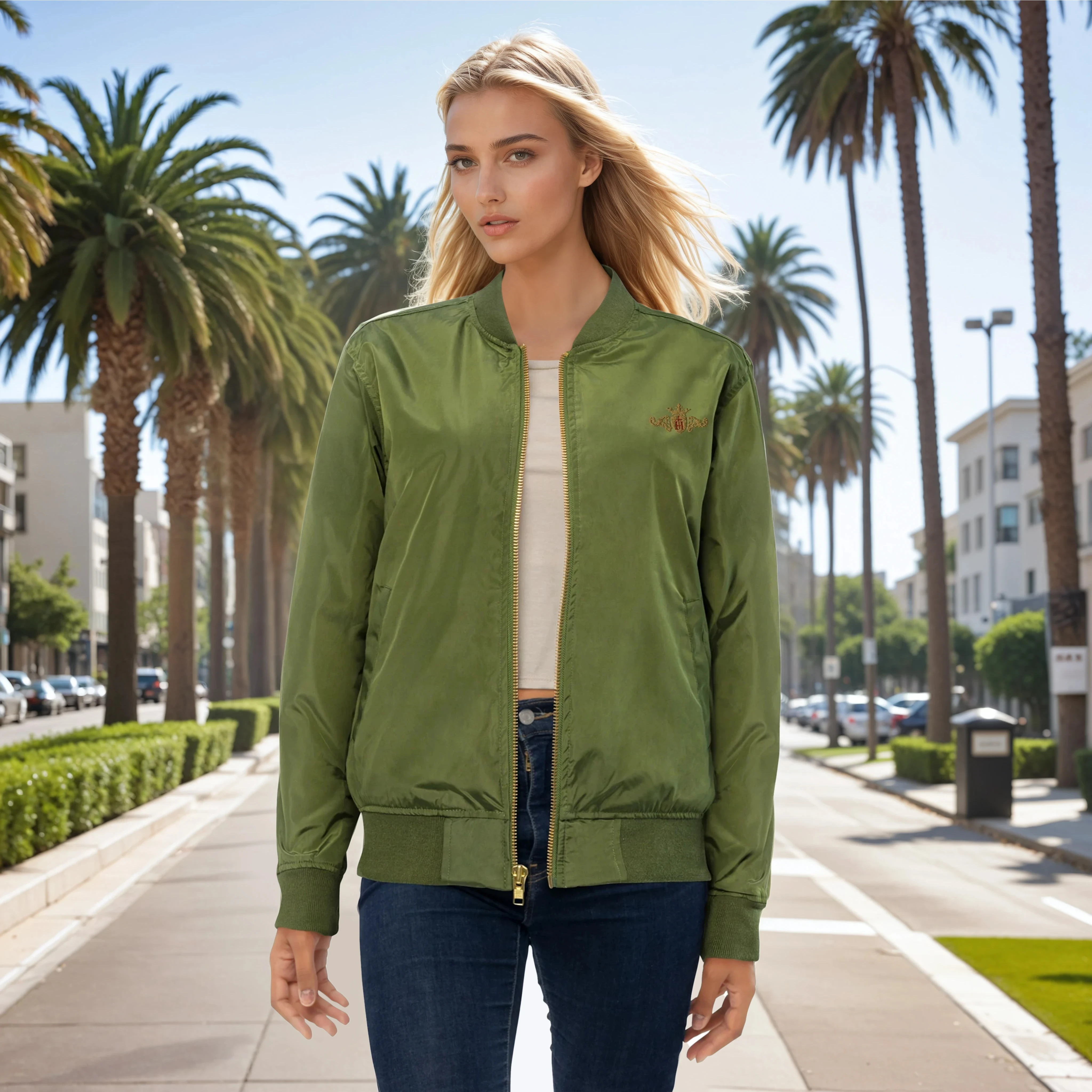 Woman wearing a green jacket on a sunny street with palm trees