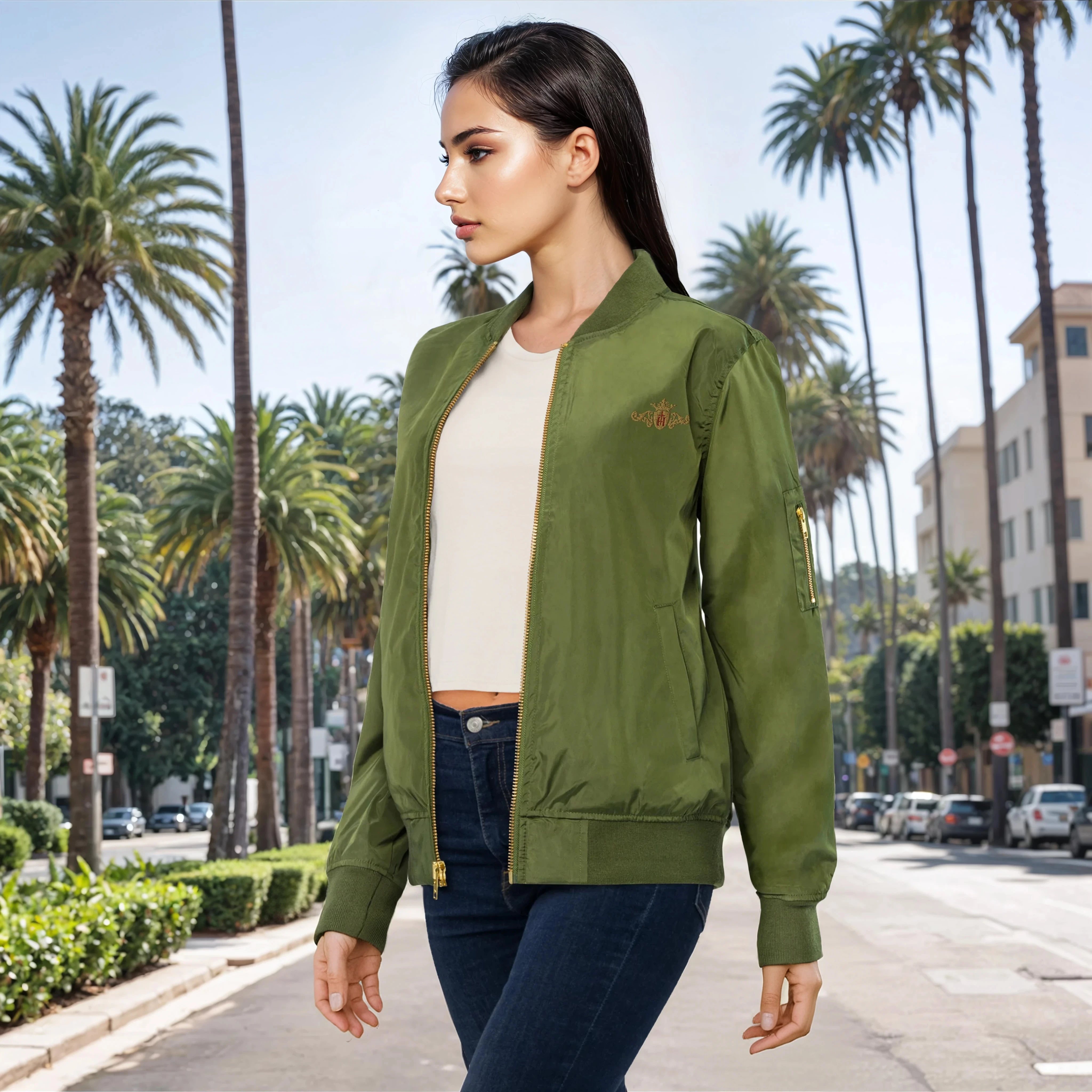 Woman wearing a green bomber jacket on a city street with palm trees
