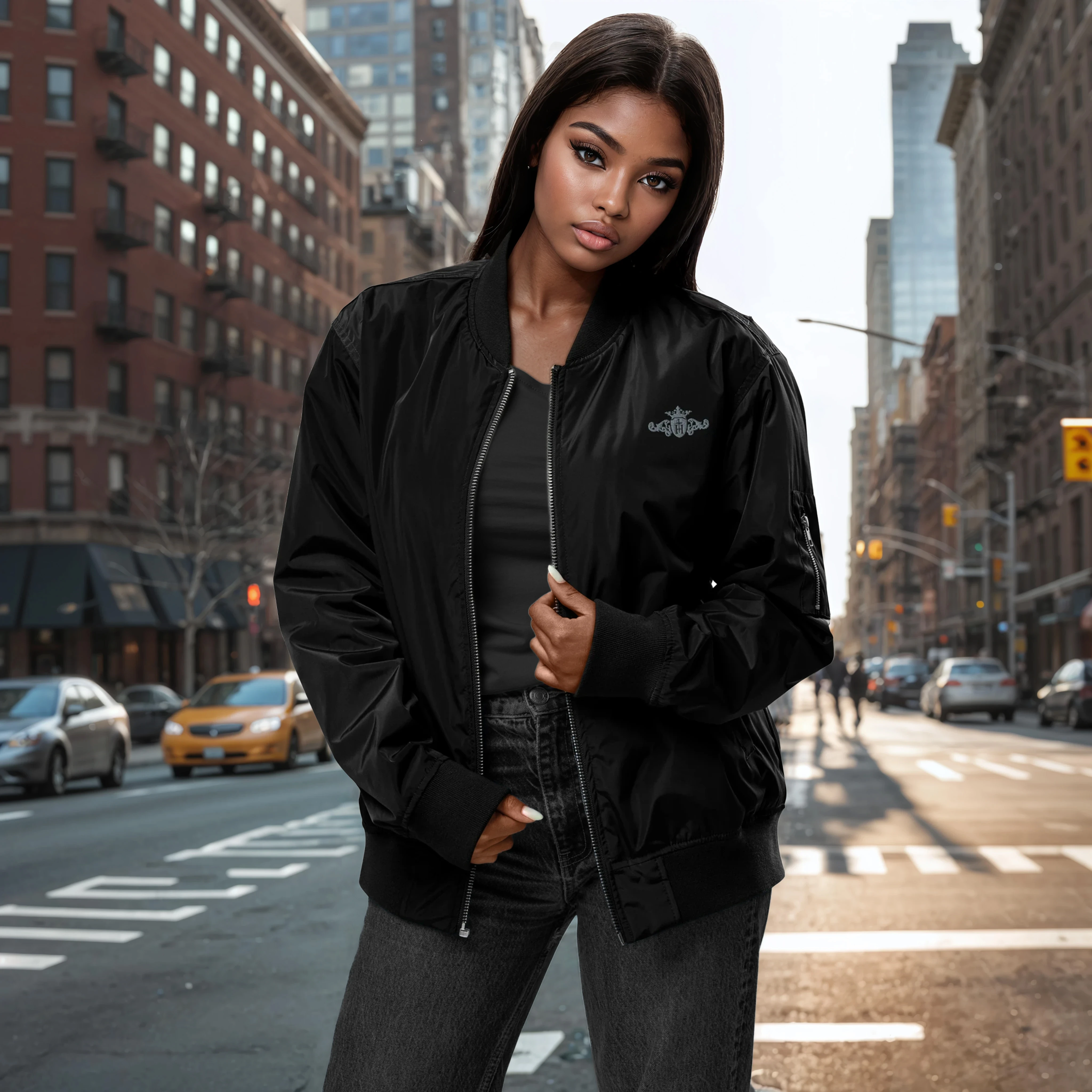 Woman wearing a black bomber jacket on a city street