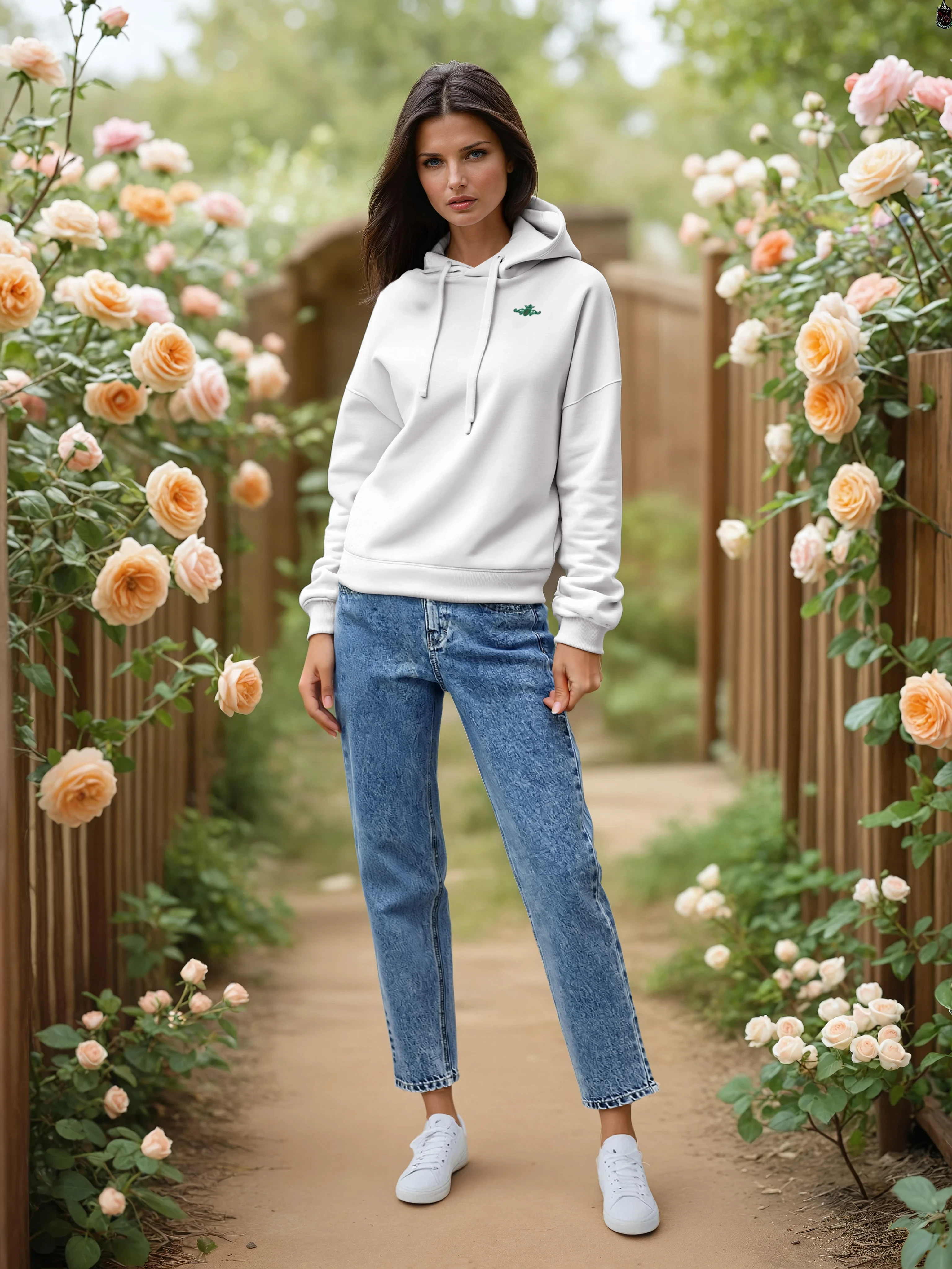Woman wearing a white hoodie and blue jeans standing in a garden with flowers.