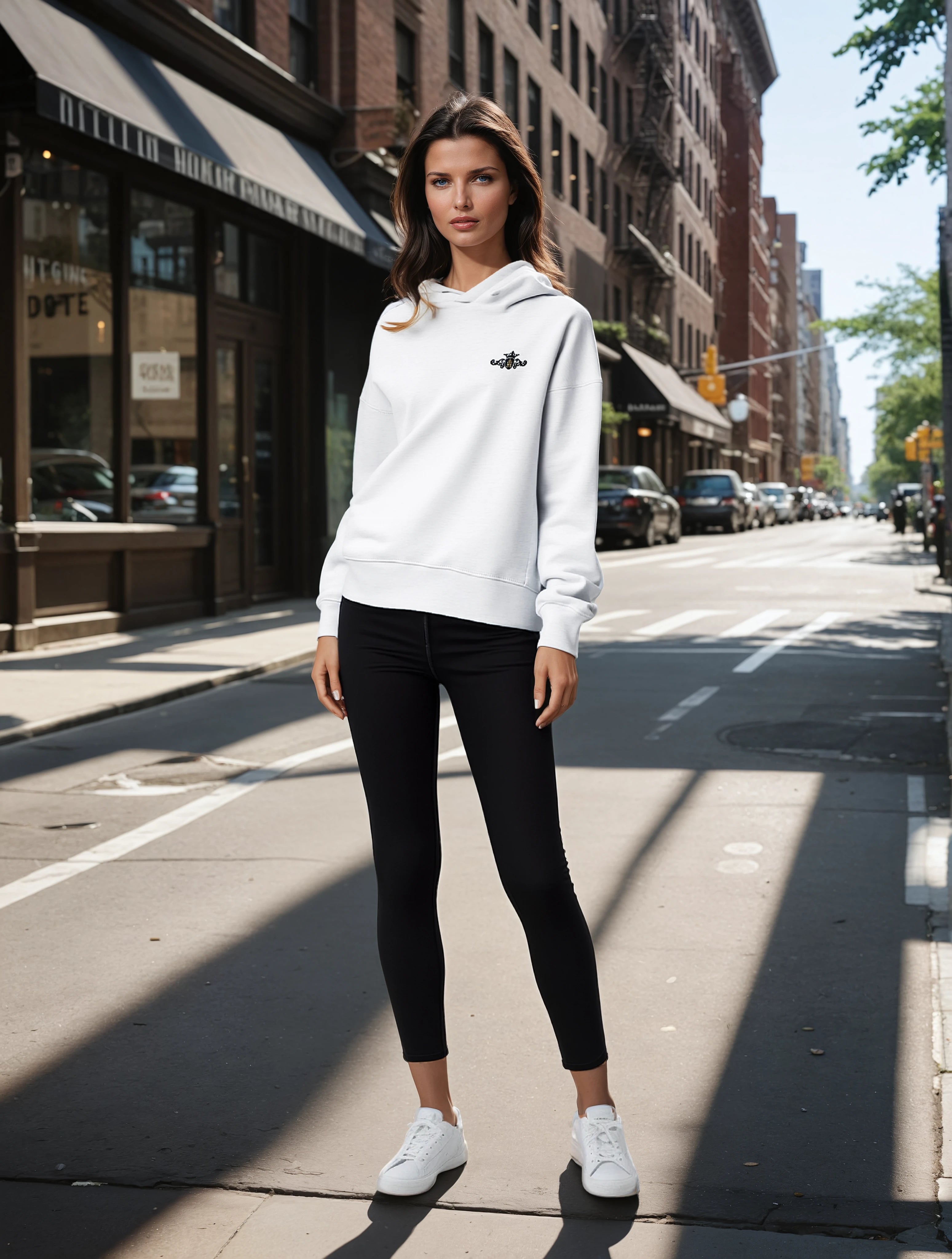 Woman wearing a white hoodie and black pants on a city street