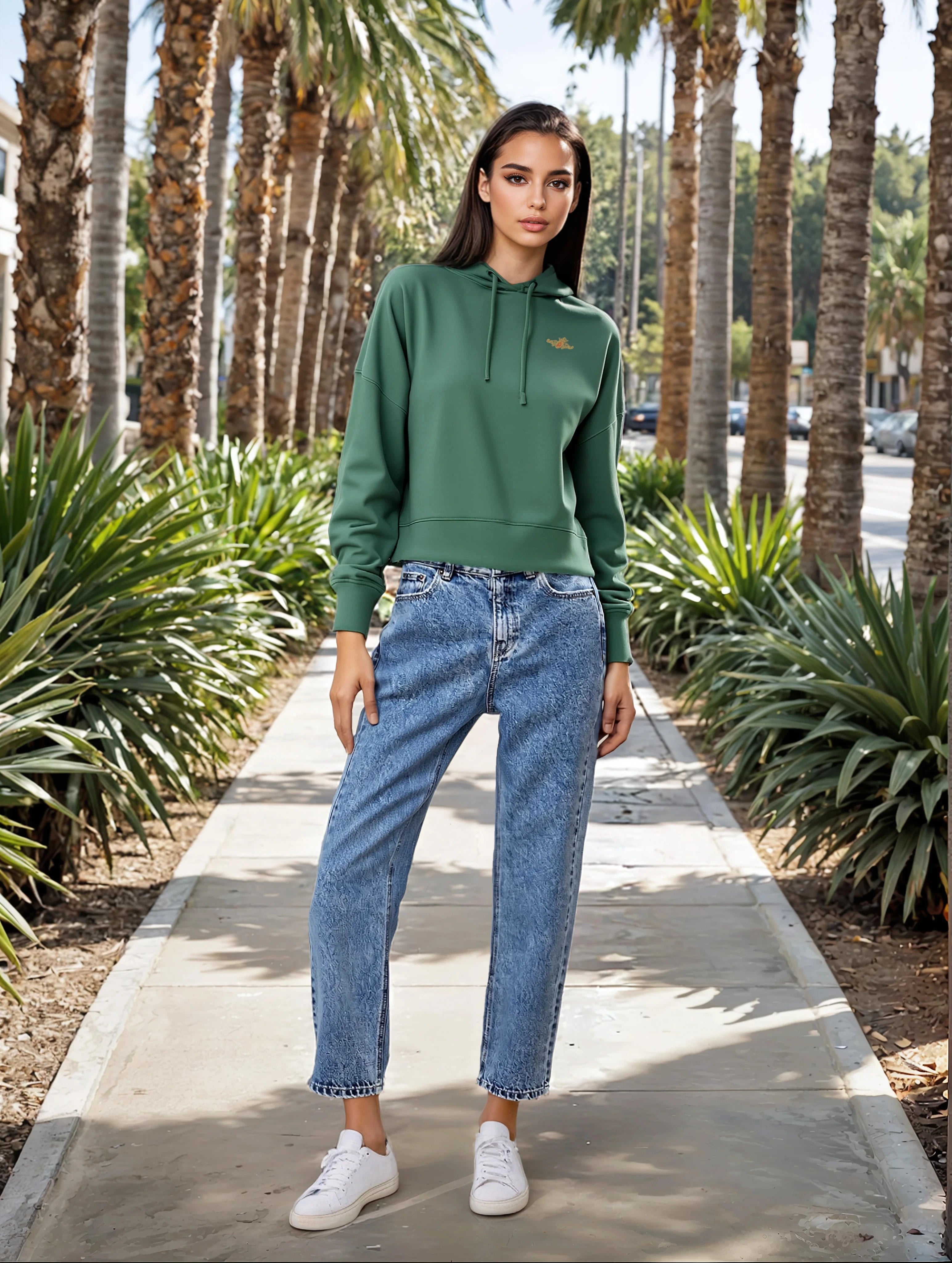 Woman wearing a green hoodie and blue jeans standing on a sidewalk with palm trees in the background