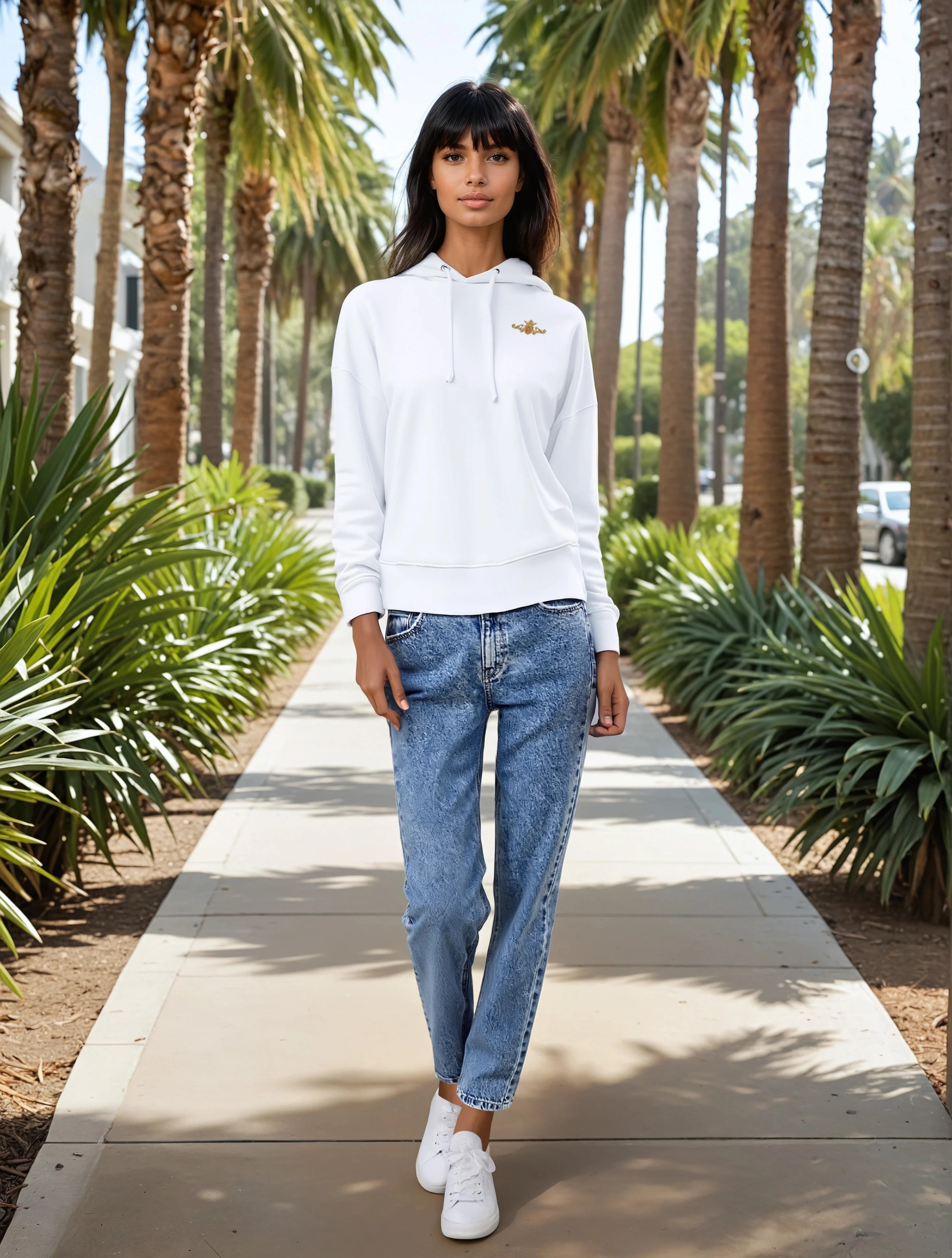 Woman in a white hoodie and blue jeans standing on a path with palm trees in the background