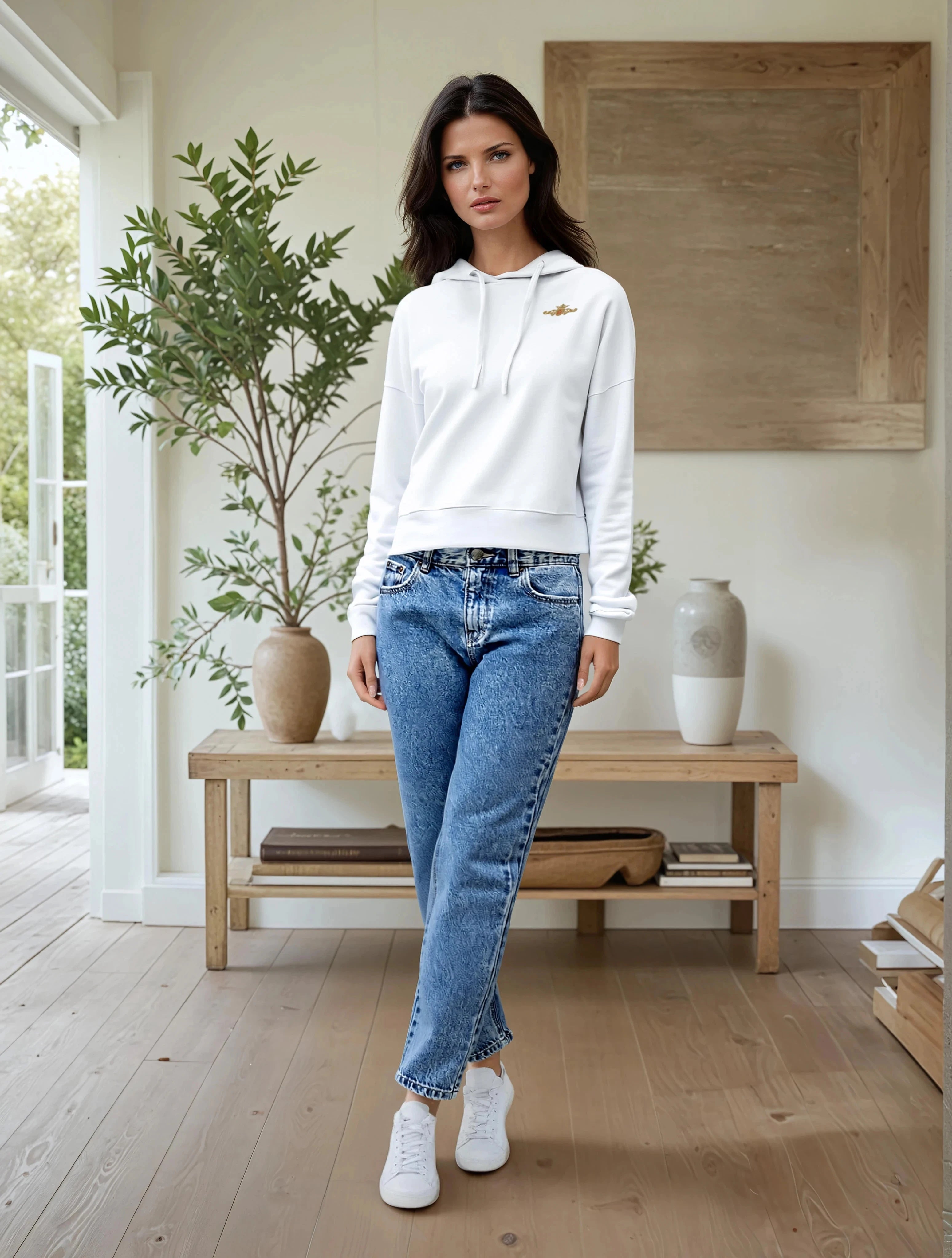 Woman wearing a white hoodie and blue jeans standing in a room with wooden floor and plant.