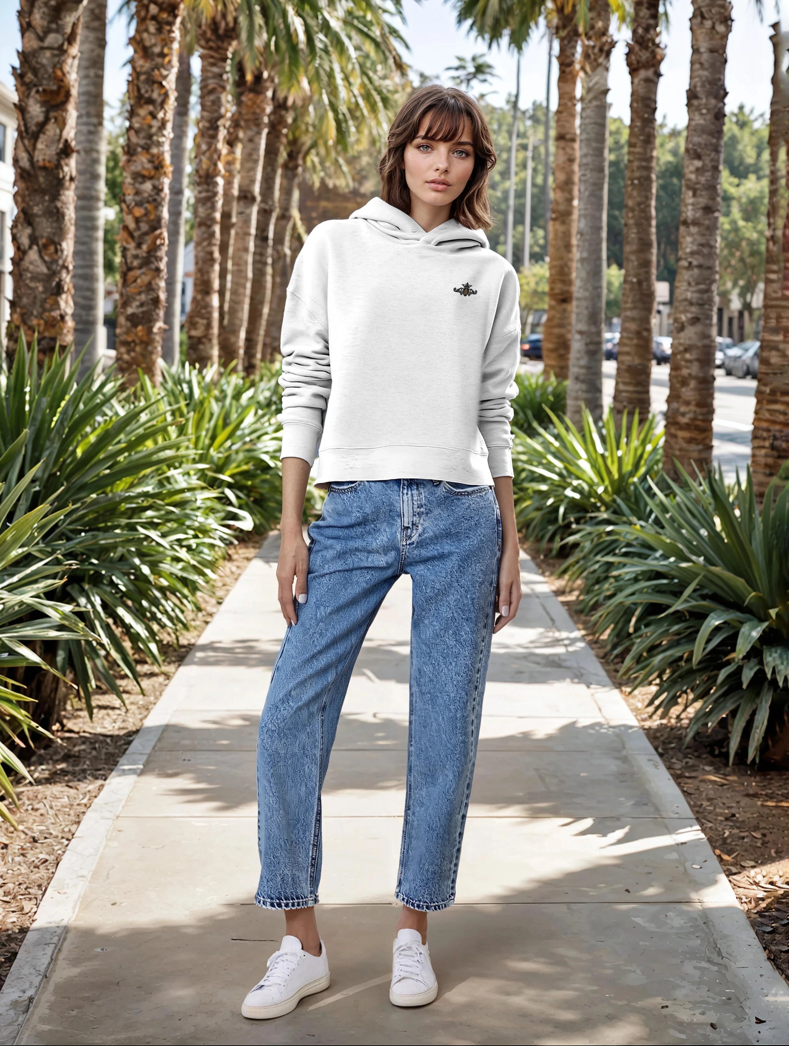 Woman wearing a light gray hoodie and blue jeans standing on a sidewalk with palm trees in the background