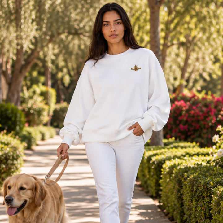 Organic Oversized Sweatshirt | Embroidered Gold Crest with Maroon Center (Women)