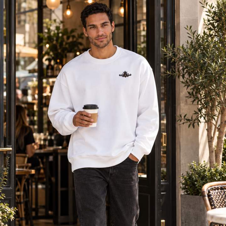 Organic Oversized Sweatshirt | Embroidered Black Crest with Gold Center (Men)