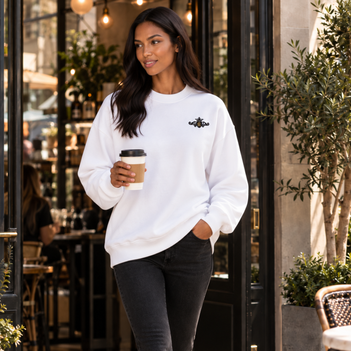 Organic Oversized Sweatshirt | Embroidered Black Crest with Gold Center (Women)