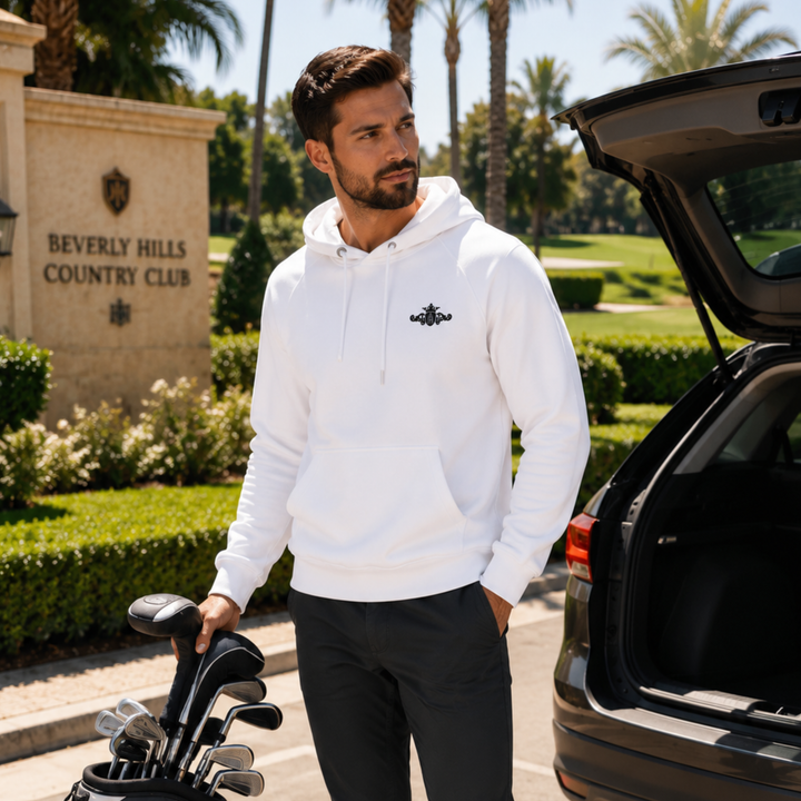 Organic Raglan Hoodie (Vegan) | Embroidered Deep Black Crest With Grey Center (Men&