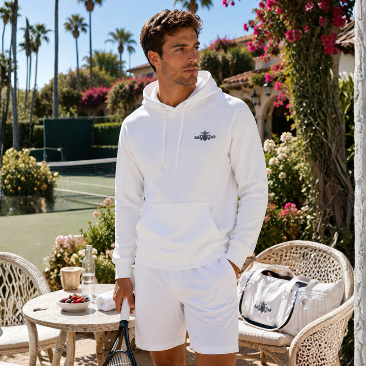 Organic Raglan Hoodie (Vegan) | Embroidered Grey Crest With Black Center (Men&