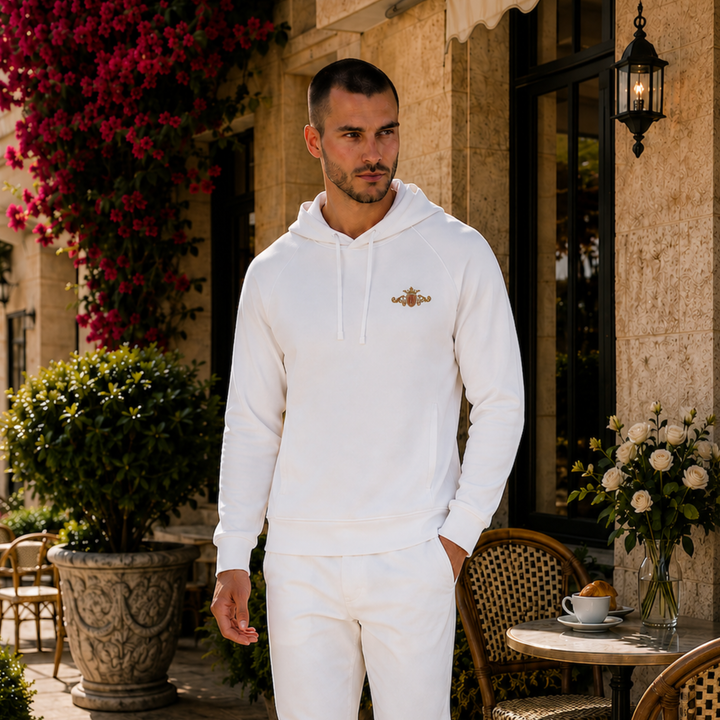 Organic Hoodie with Side Pockets | Embroidered Gold Crest with Maroon Center (Men)