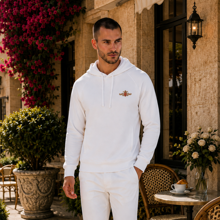 Organic Hoodie with Side Pockets | Embroidered Gold Crest with Red Center (Men)