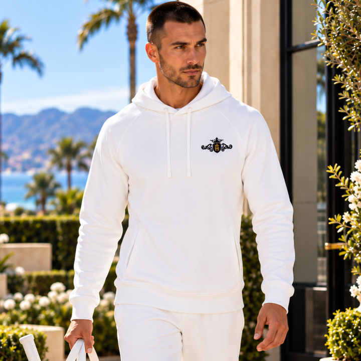 Organic Hoodie with Side Pockets | Embroidered Black Crest with Gold Center (Men)