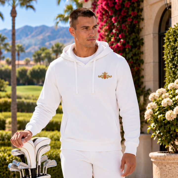 Organic Hoodie with Side Pockets | Embroidered Gold Crest with Red Center (Men)