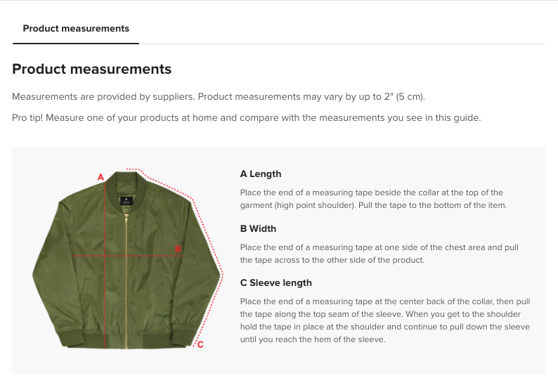 Instructions for measuring a green jacket with text on how to measure length, width, and sleeve length.