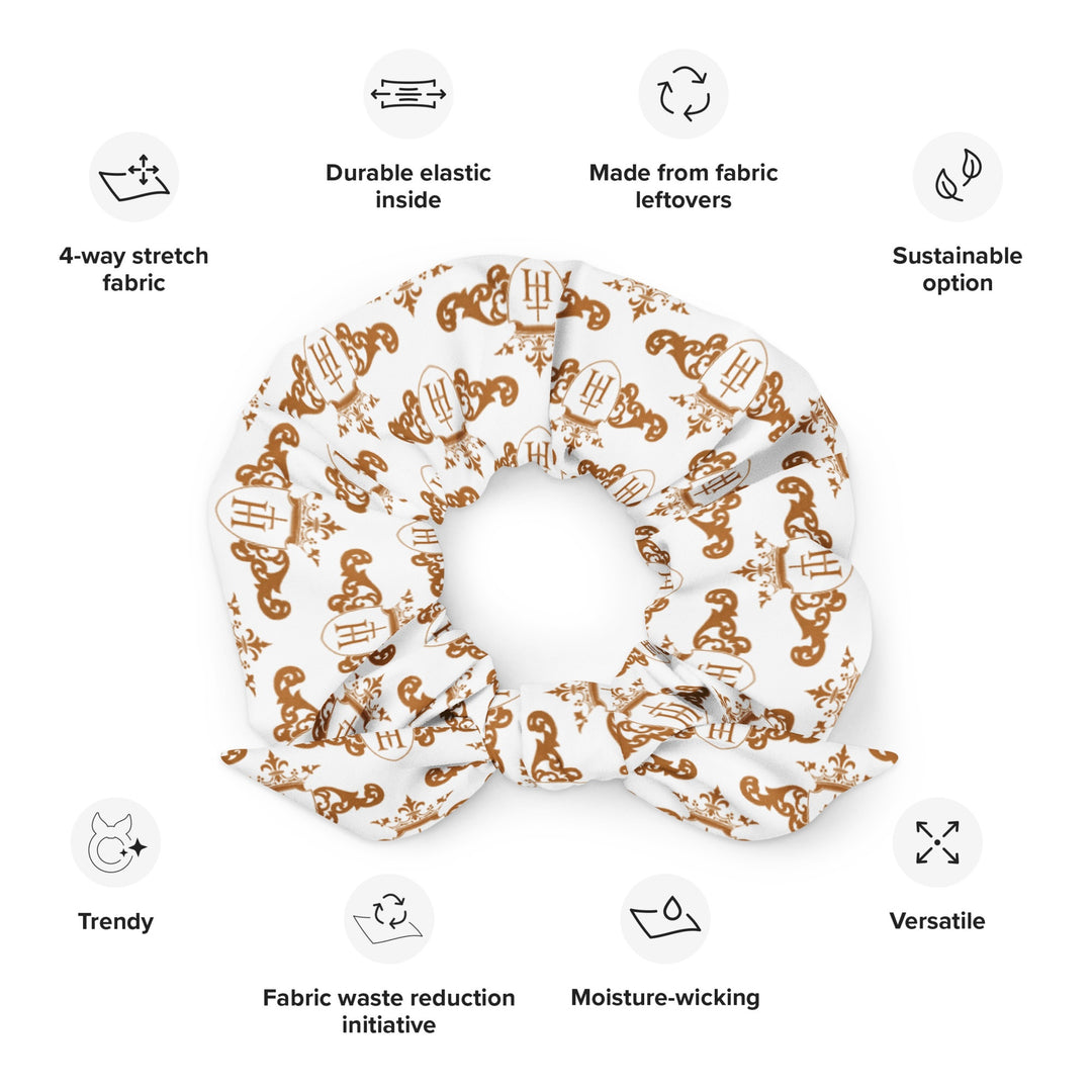 Patterned scrunchie with sustainability features listed on a white background