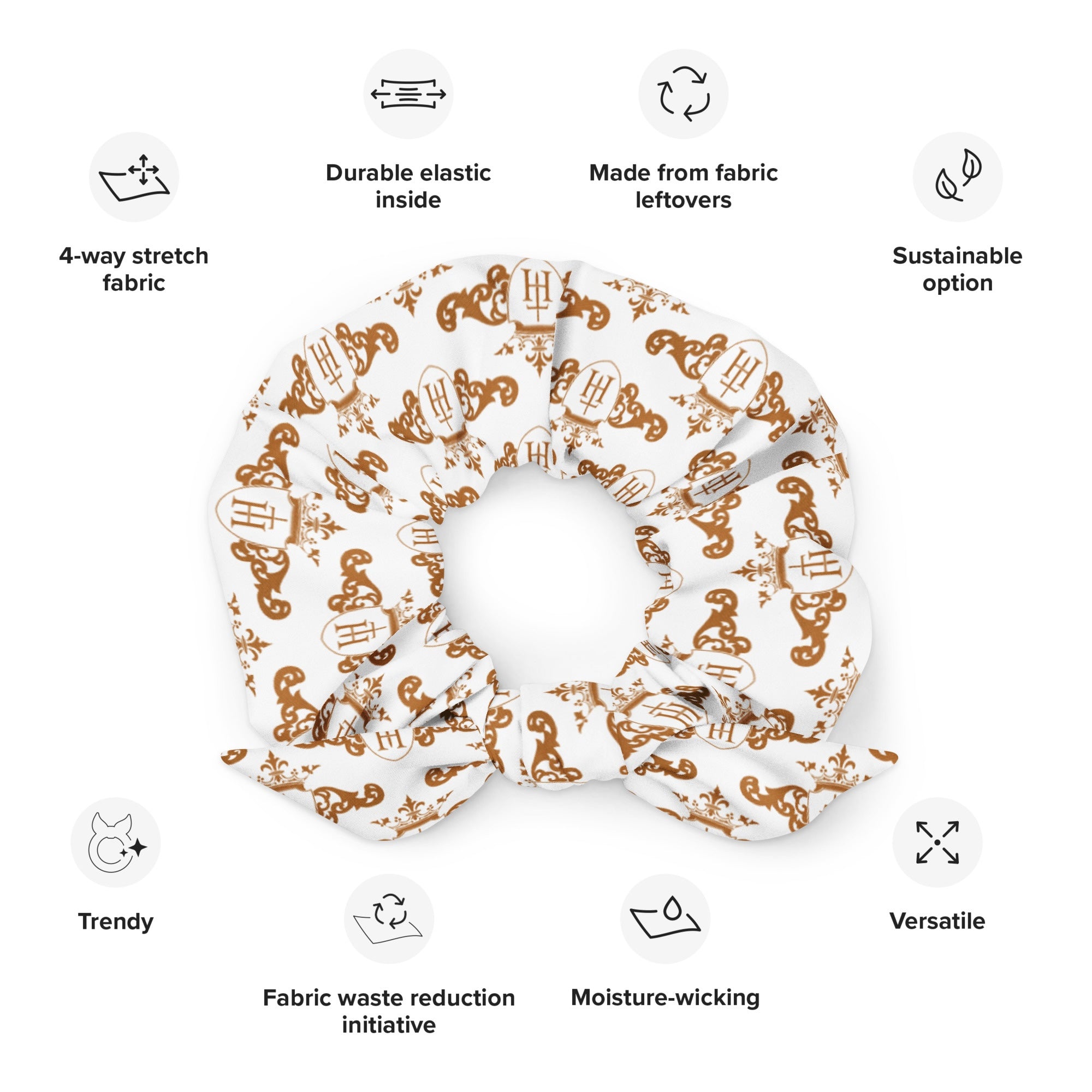 Patterned scrunchie with sustainability features listed on a white background