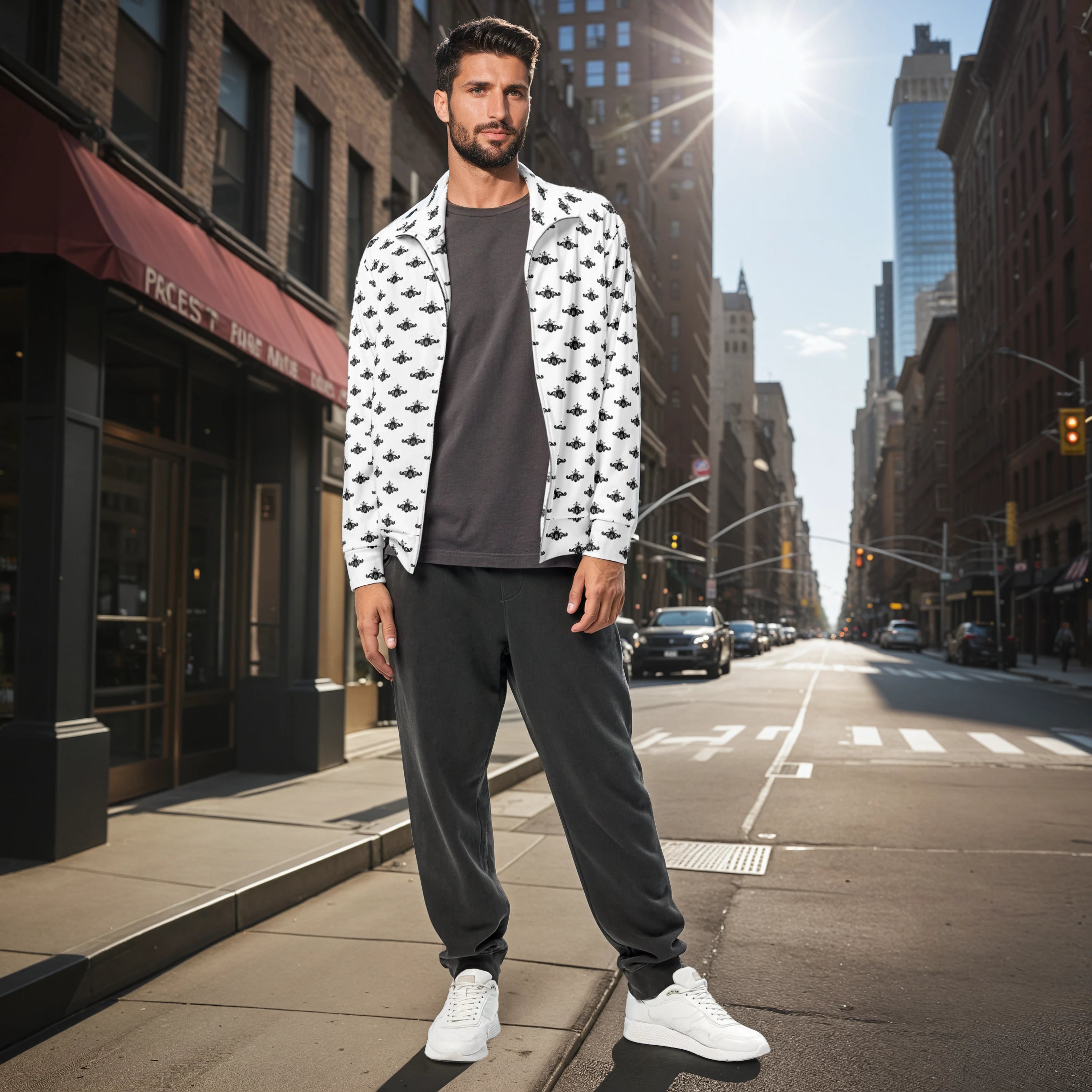 Man standing on a city street wearing a patterned jacket and white sneakers.