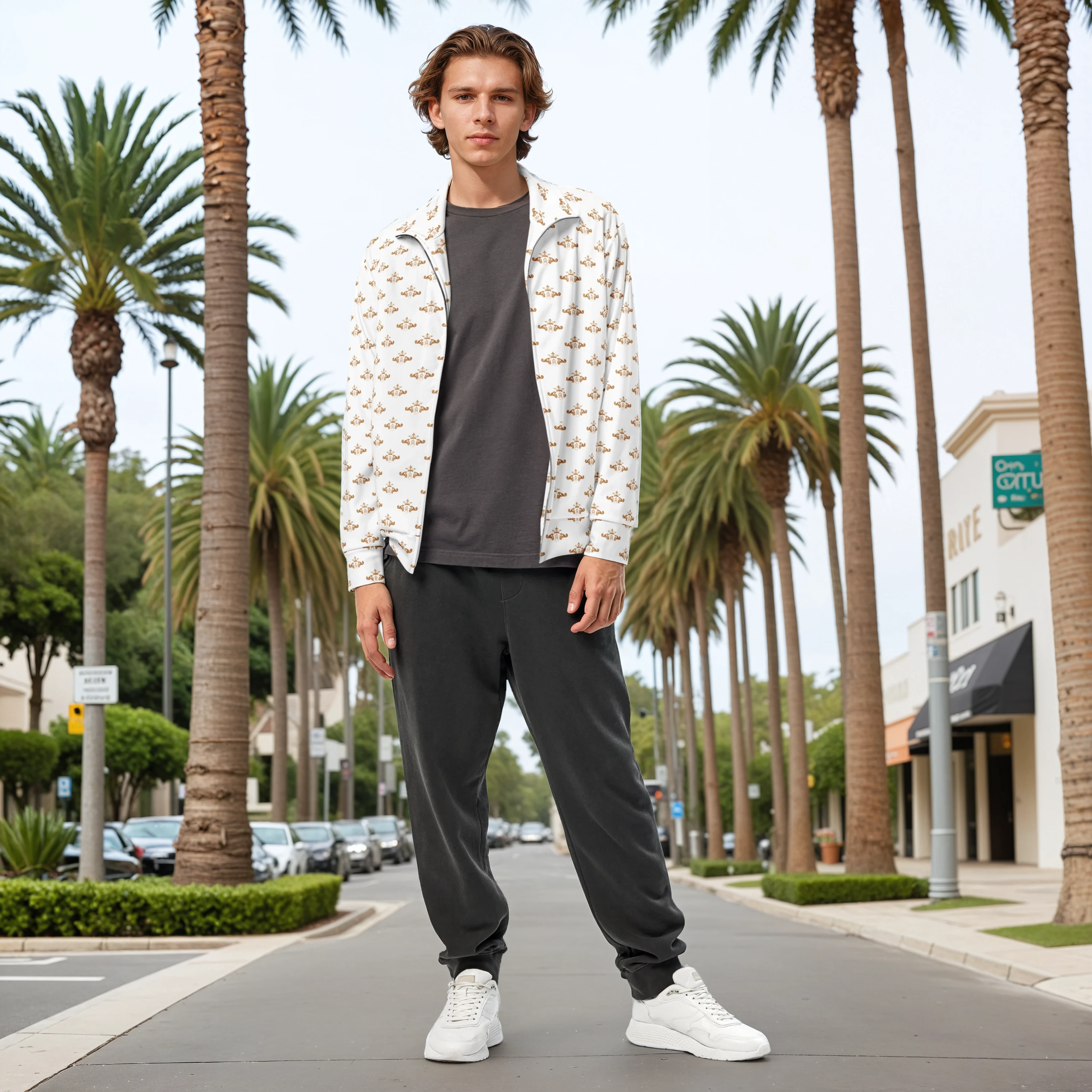 Man standing on a street with palm trees in the background