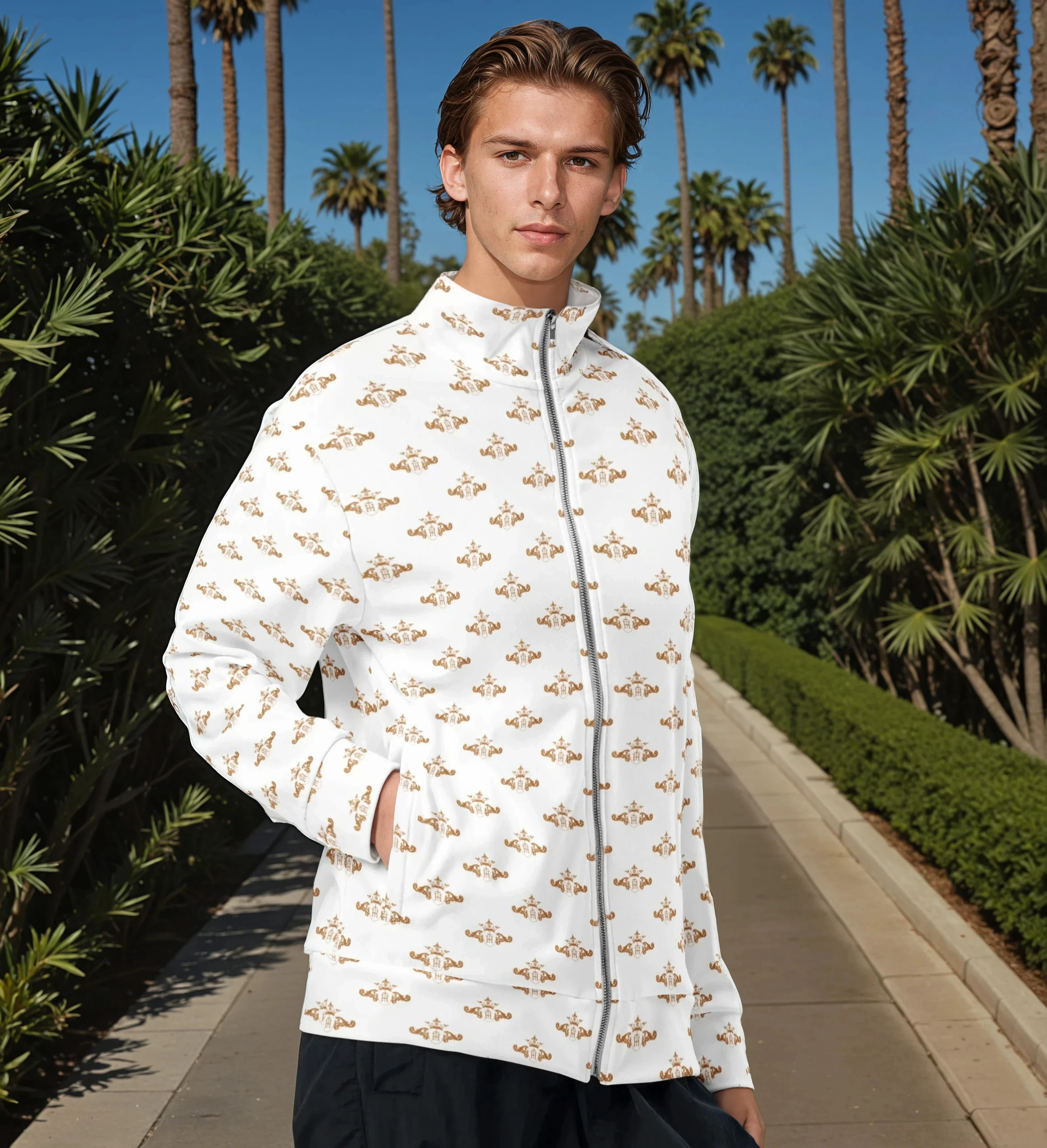 Person wearing a white jacket with gold patterns in a garden setting