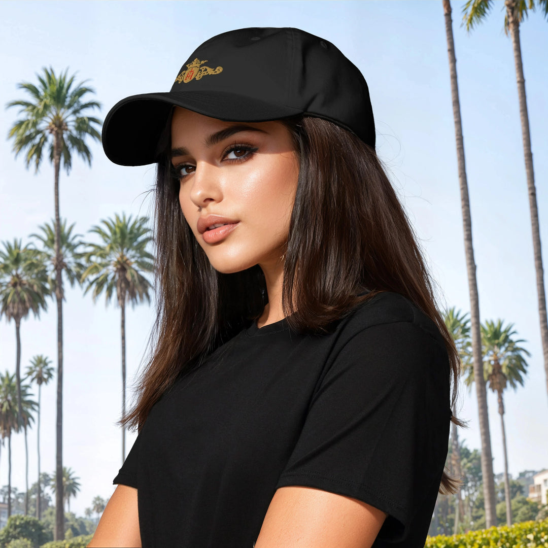 Woman wearing a black cap with palm trees in the background
