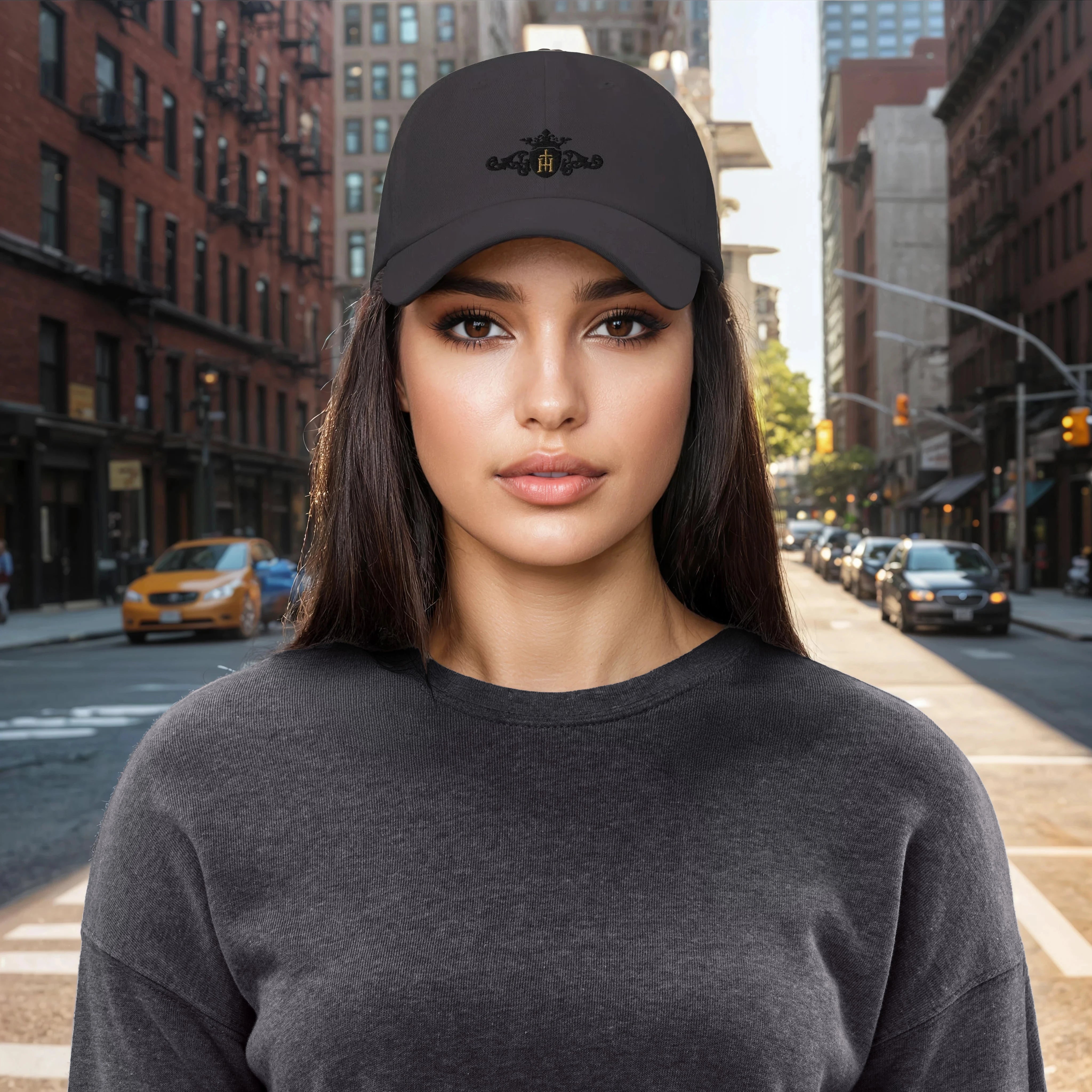 Woman wearing a dark gray cap and sweatshirt on a city street.