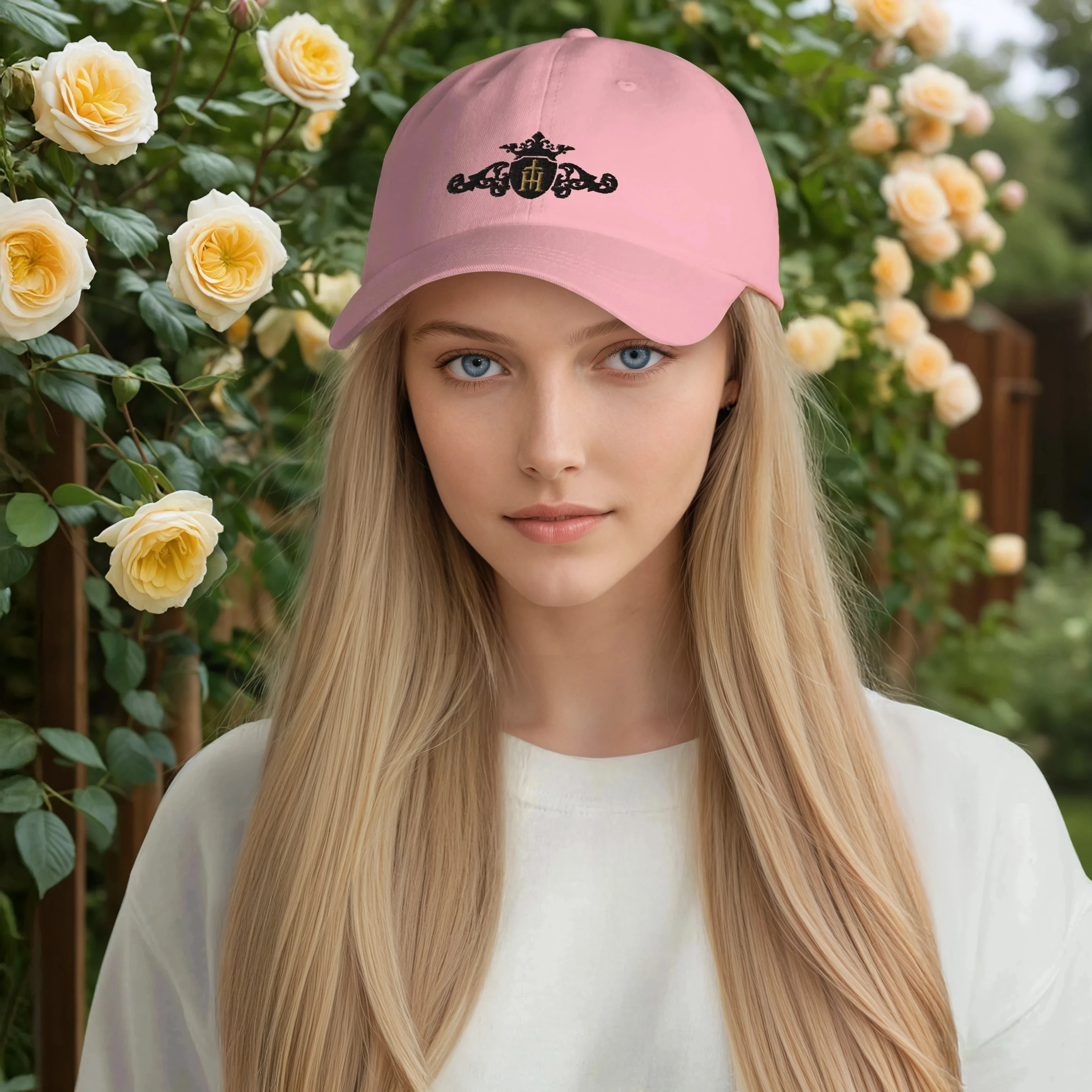 Woman wearing a pink cap with a floral design in a garden setting