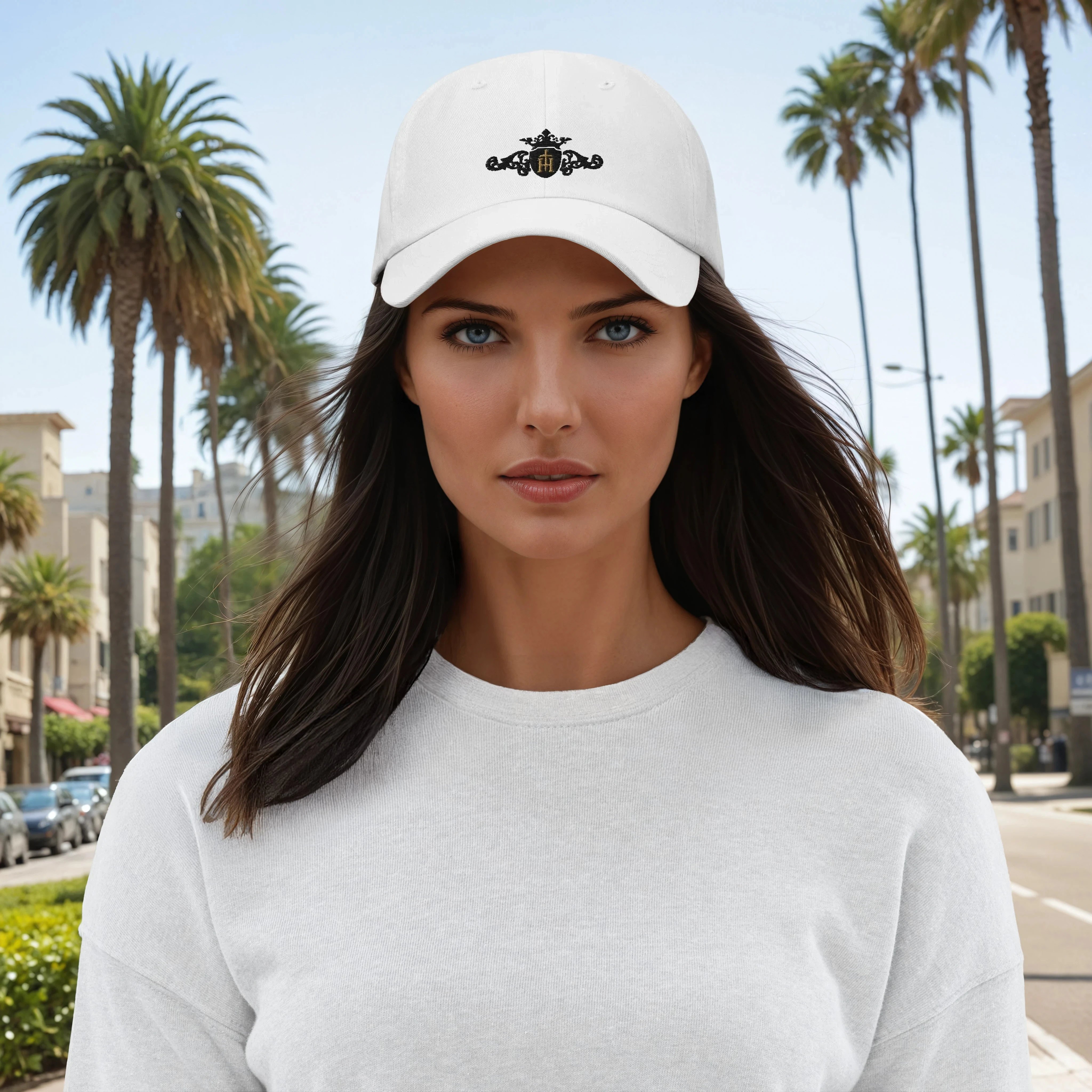 Woman wearing a white cap with a black crest with a gold center in a palm tree-lined street.
