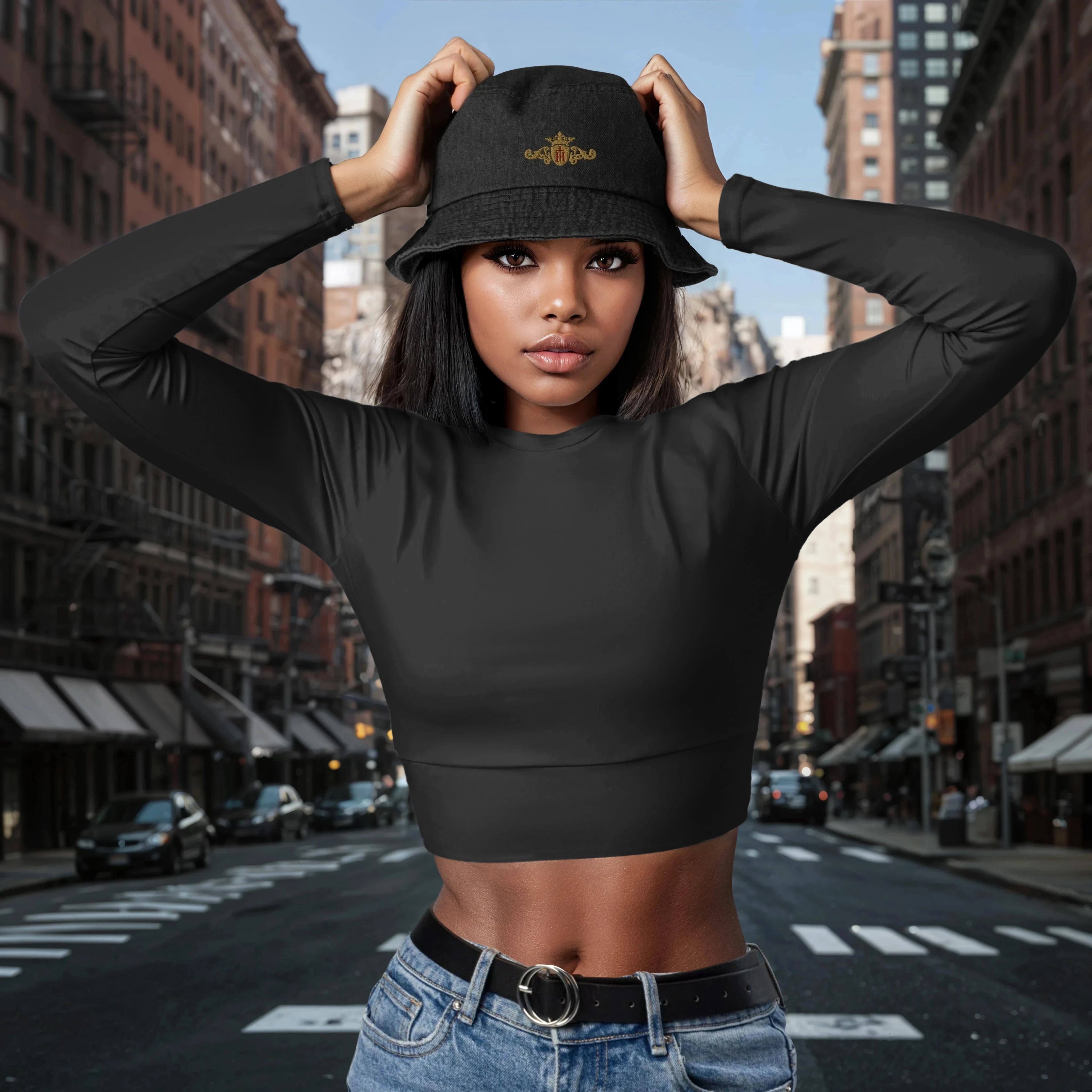 Woman wearing a black crop top and a black denim bucket hat with a gold crest with a maroon center on a city street