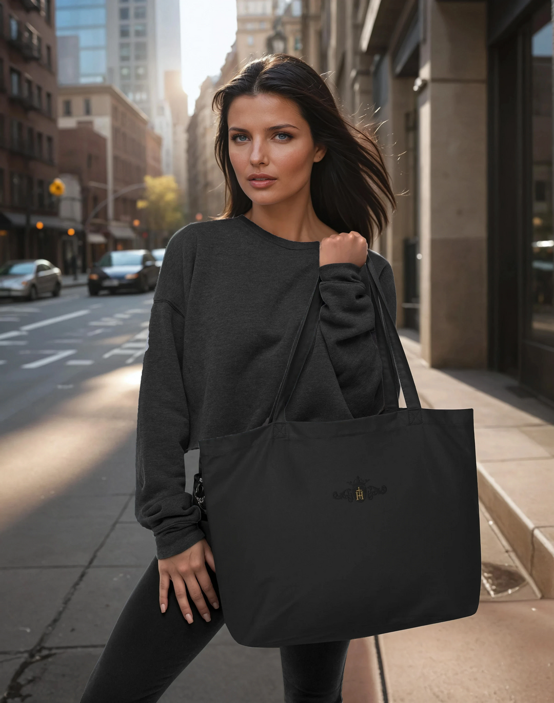 Organic Cotton Tote Bag | Embroidered Black Crest with Gold Center (Large)
