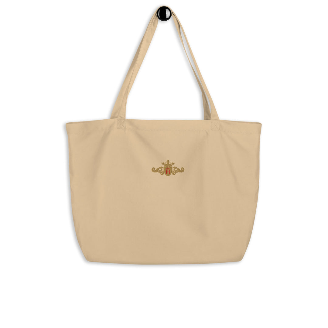 Organic Cotton Tote Bag | Embroidered Gold Crest with Red Center (Large)