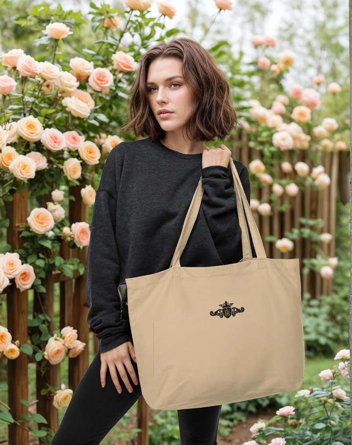 Organic Cotton Tote Bag | Embroidered Black Crest with Gold Center (Large)