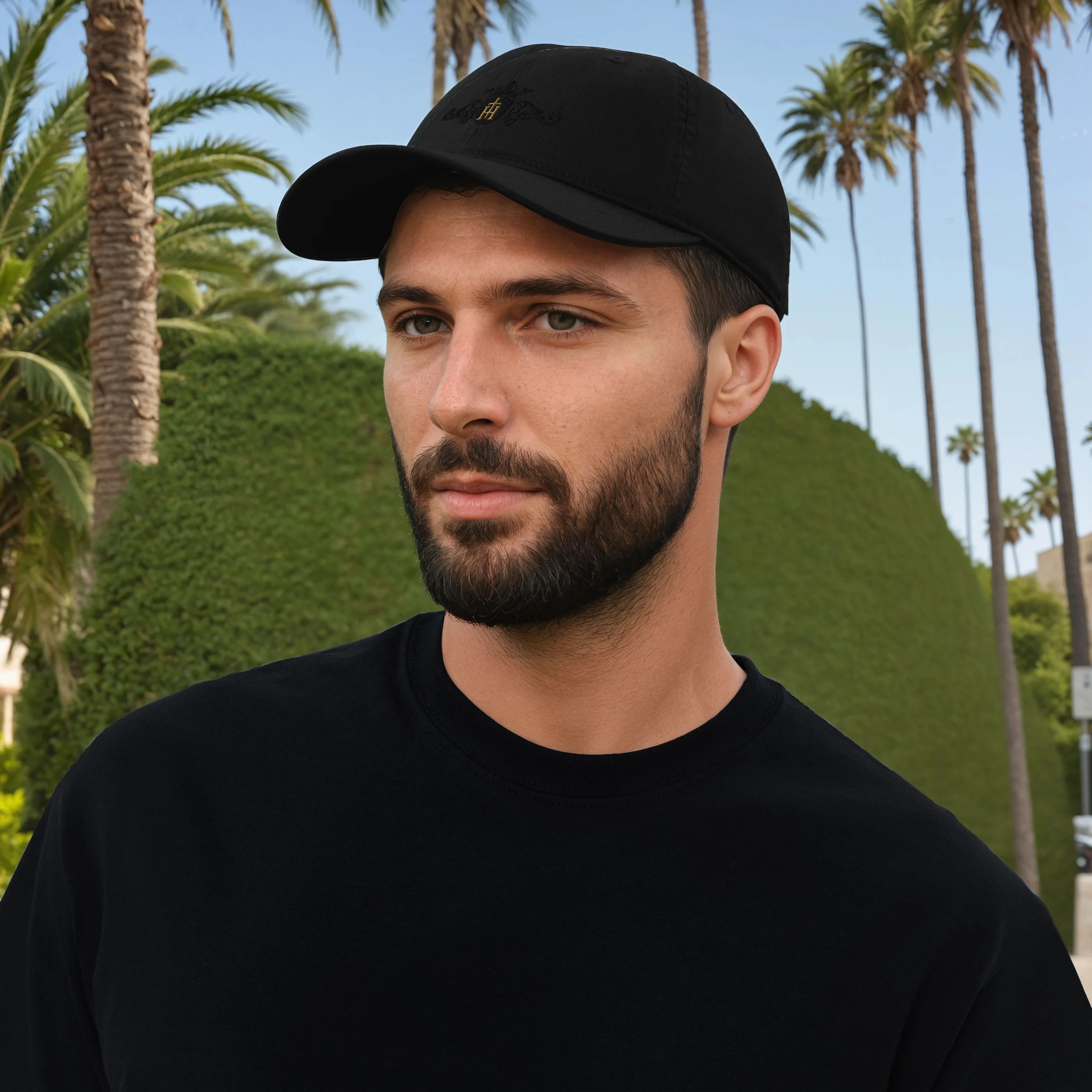 Man wearing a black cap and black shirt with palm trees in the background