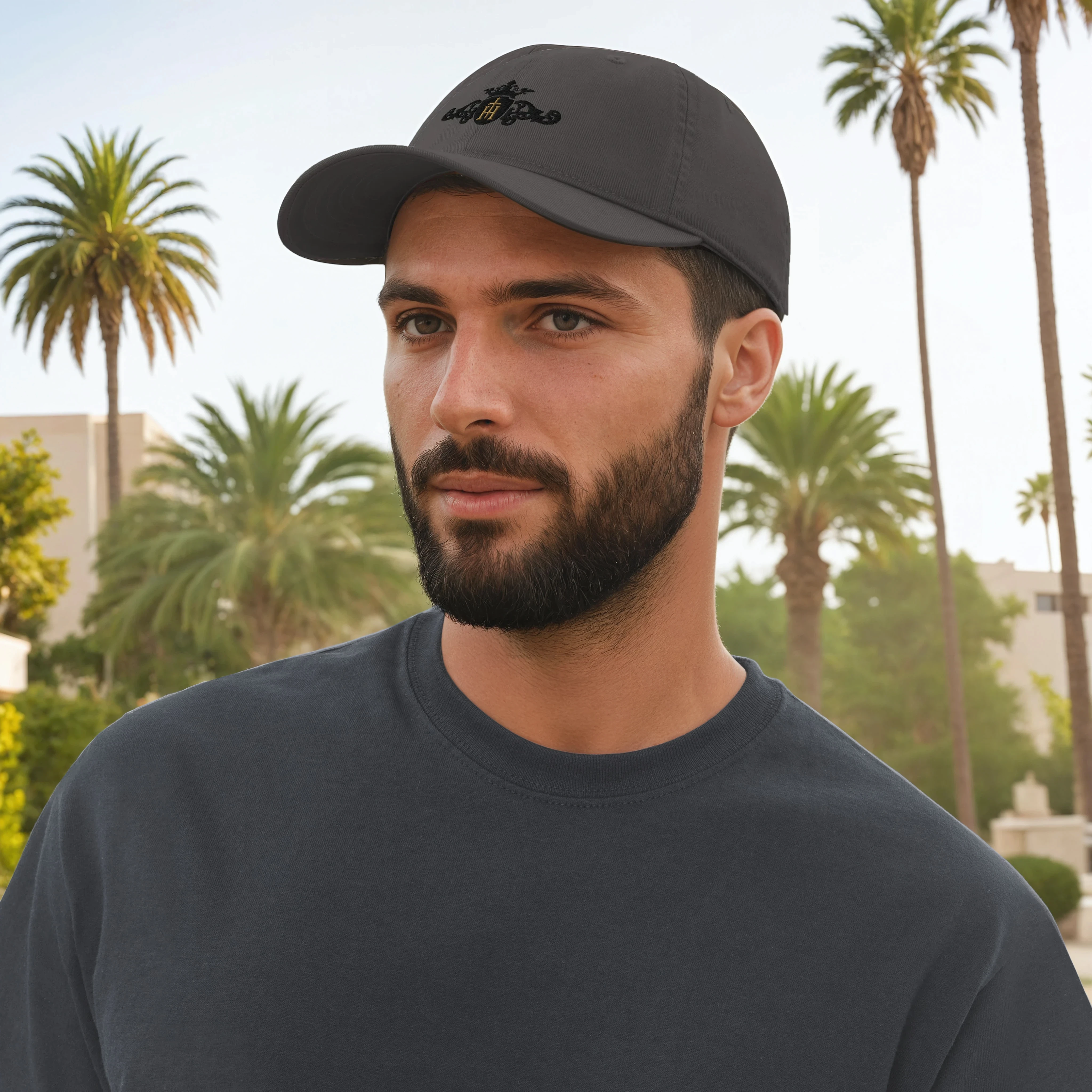 Man wearing a dark cap and shirt with palm trees in the background