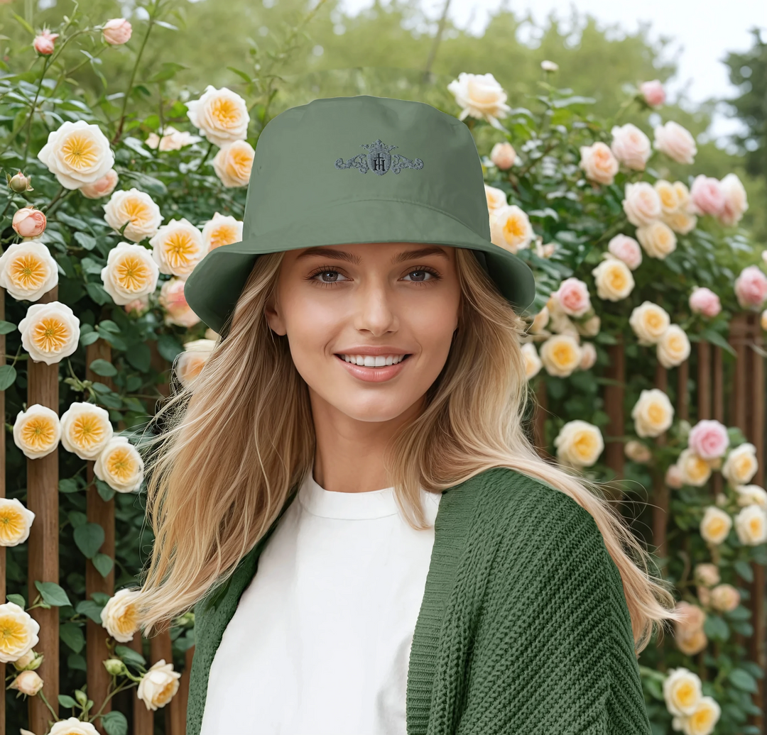 Organic Cotton Bucket Hat | Embroidered Grey Crest With Black Center