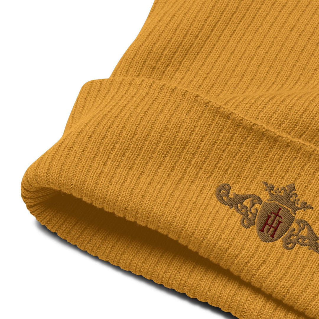 Organic Ribbed Beanie | Embroidered Gold Crest with Maroon Center