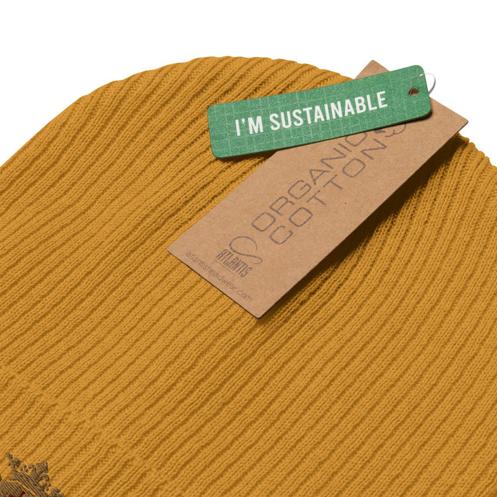 Organic Ribbed Beanie | Embroidered Gold Crest with Maroon Center