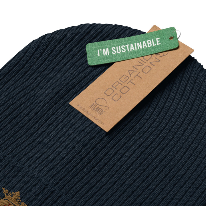 Organic Ribbed Beanie | Embroidered Gold Crest with Maroon Center
