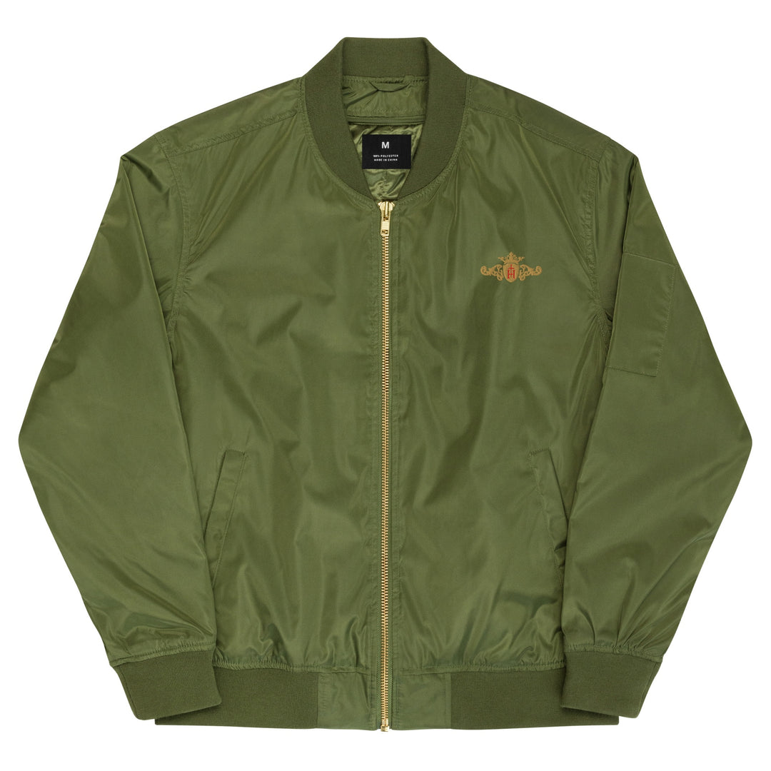 Green bomber jacket with a brand logo on a white background