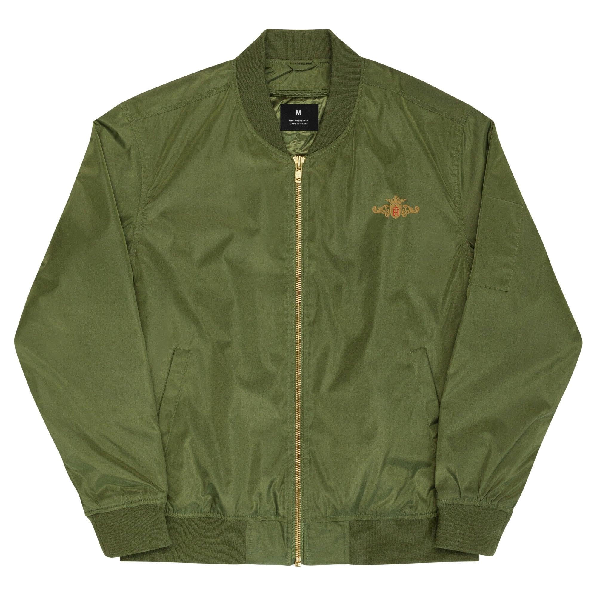 Green bomber jacket with a brand logo on a white background