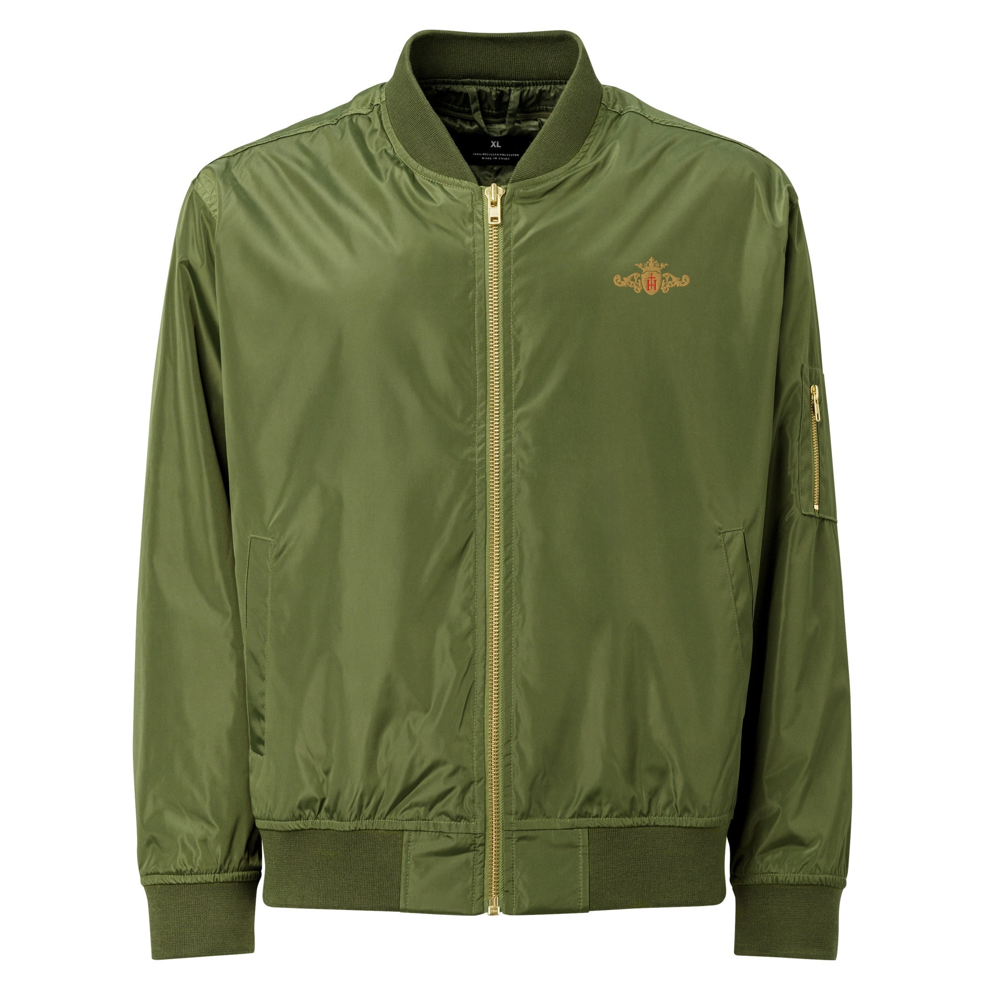 Green bomber jacket with a brand logo on a white background