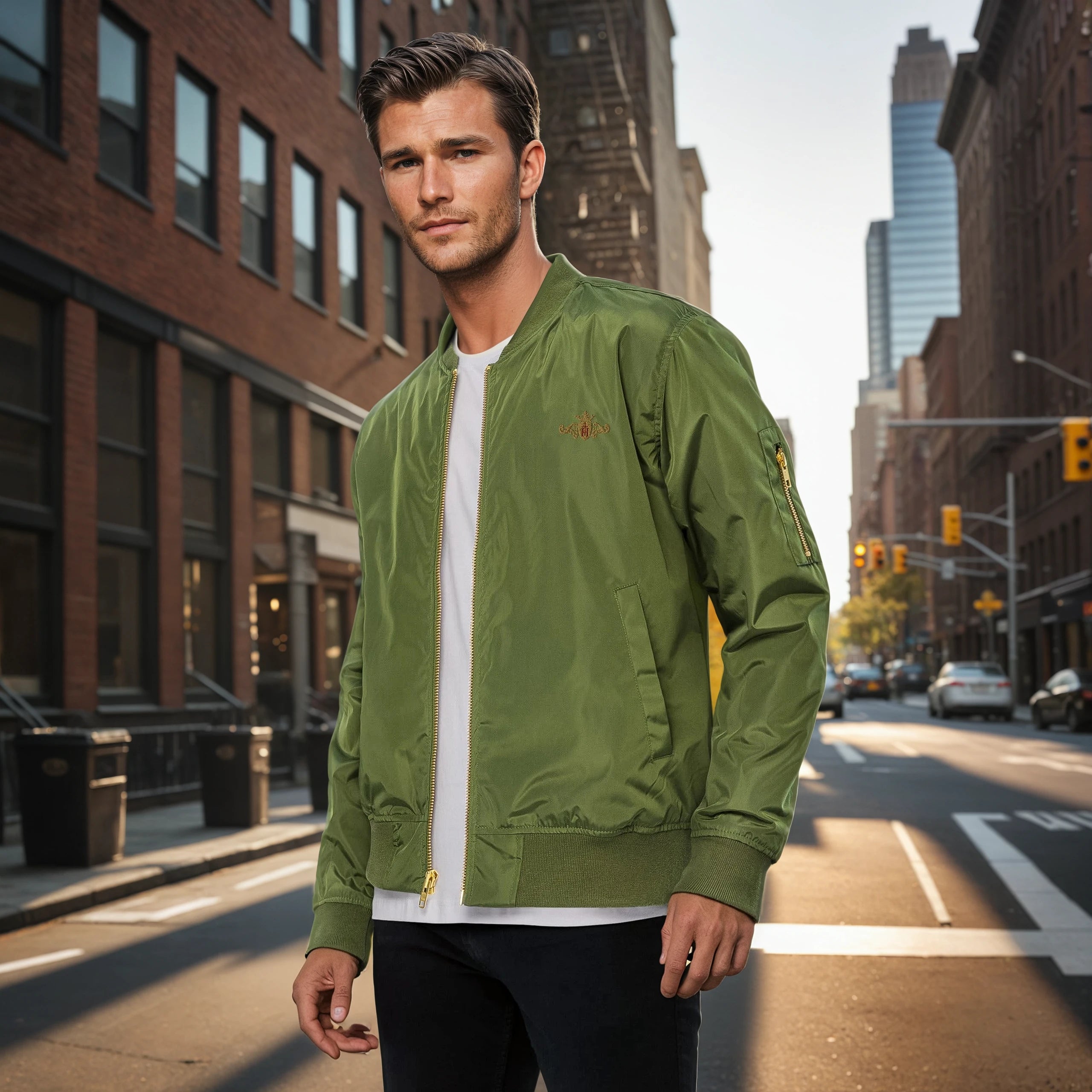 Man wearing a green bomber jacket on a city street