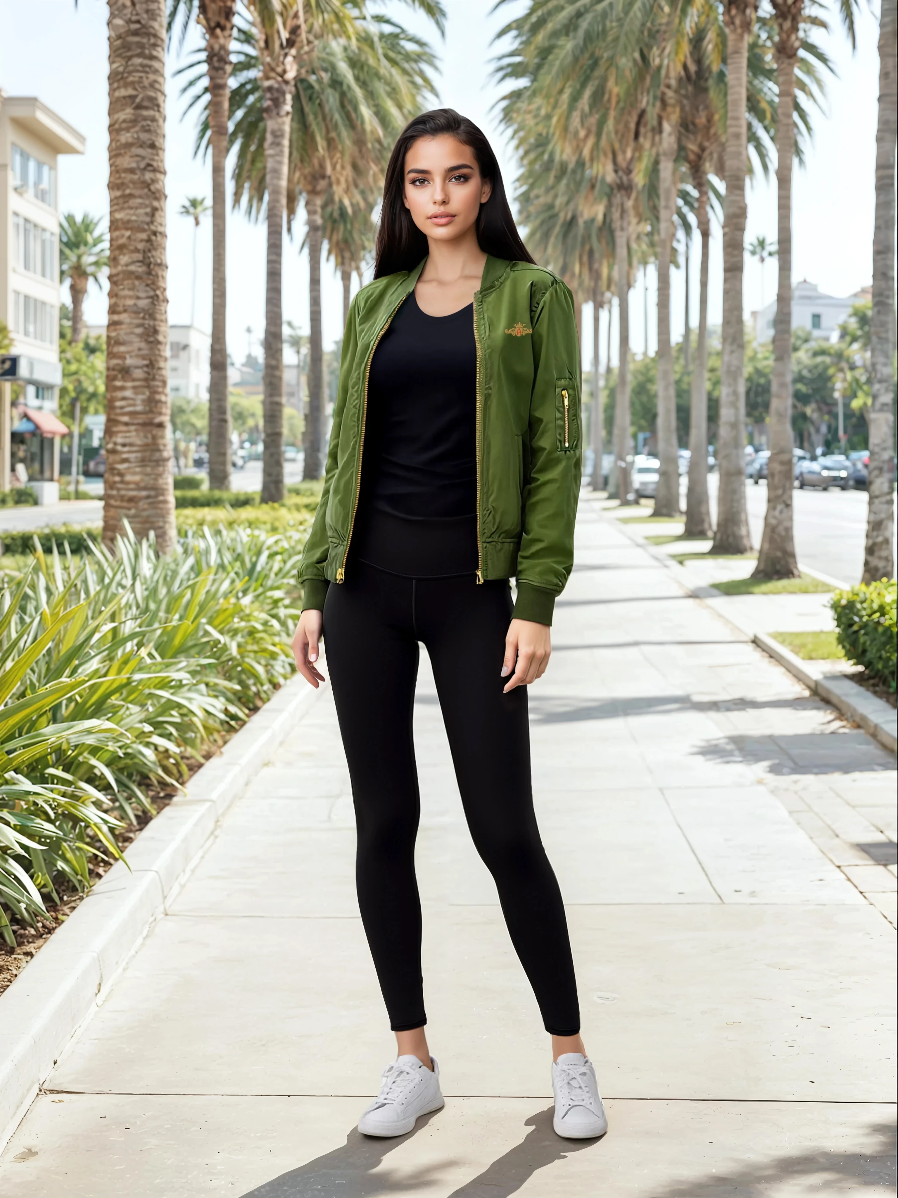 Woman in green jacket and black leggings standing on a sidewalk with palm trees in the background