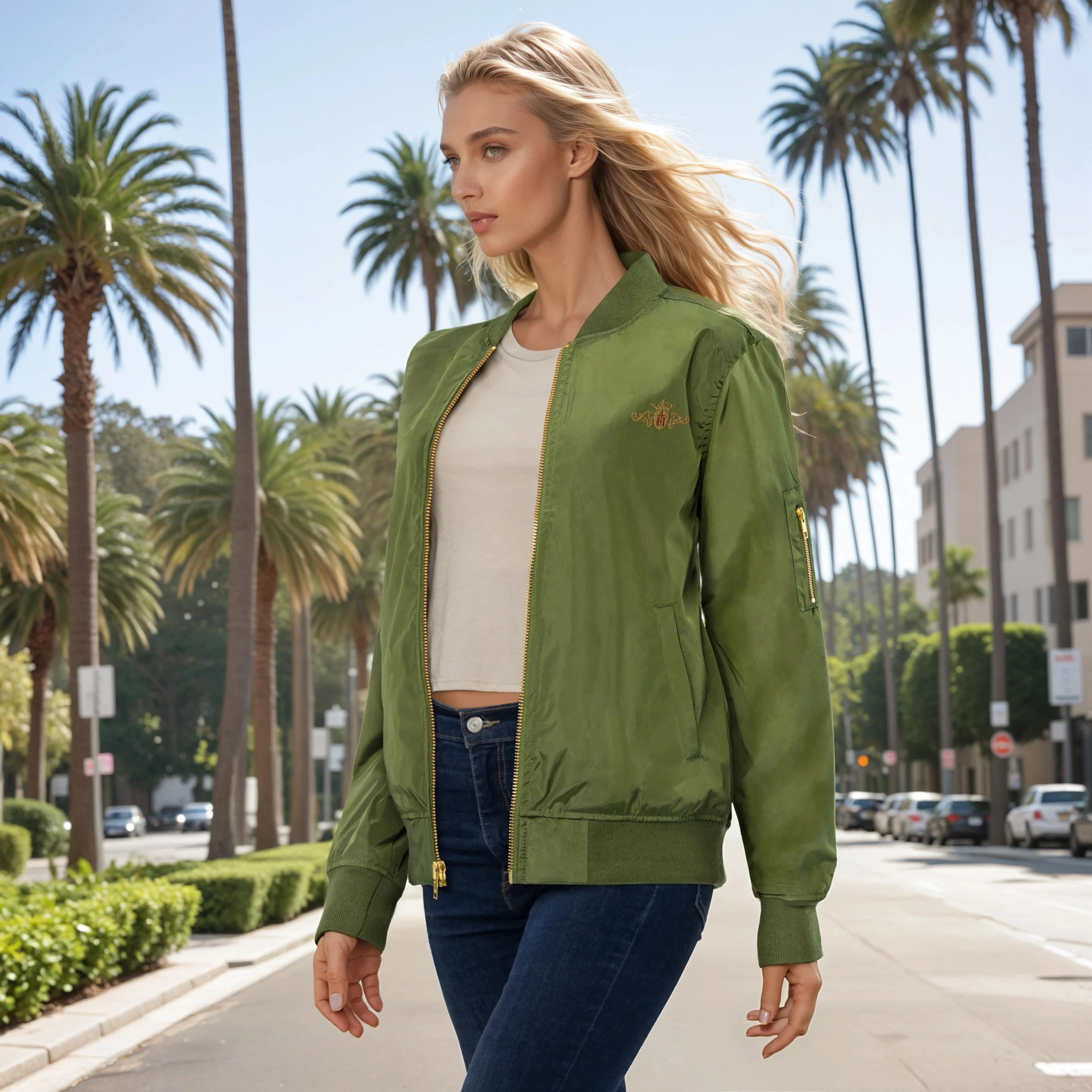 Woman wearing a green bomber jacket in an urban setting with palm trees.