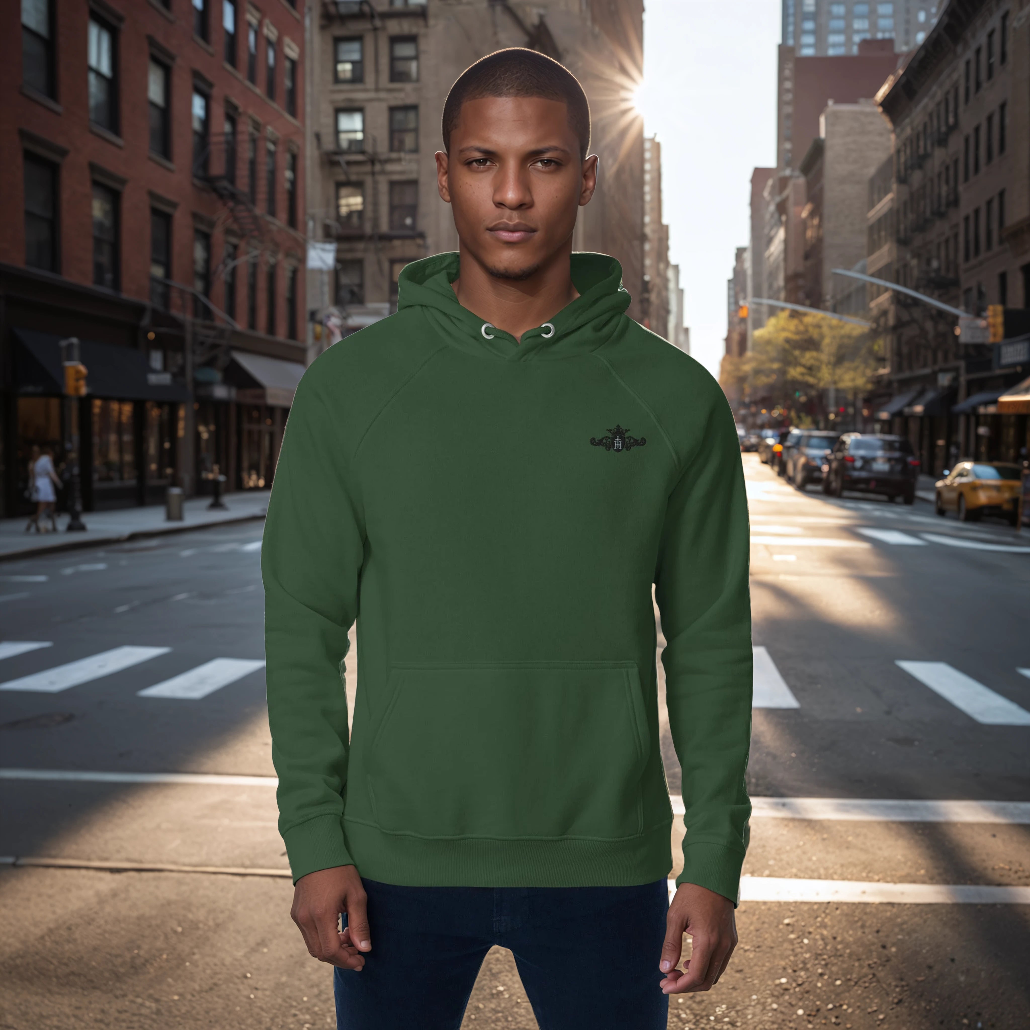 Man wearing a green hoodie on a city street