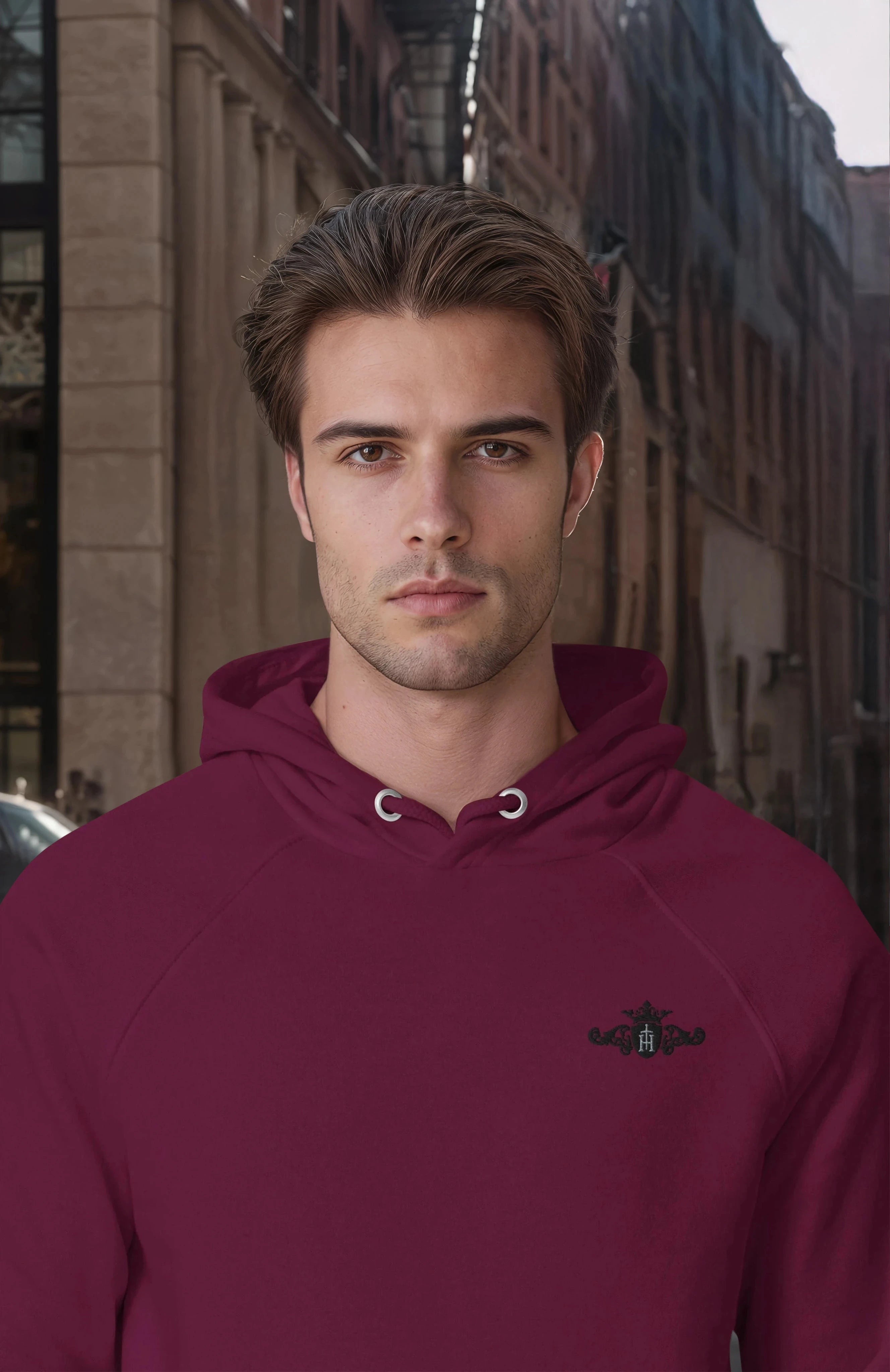 Man wearing a maroon hoodie with a small logo, standing in an urban setting.