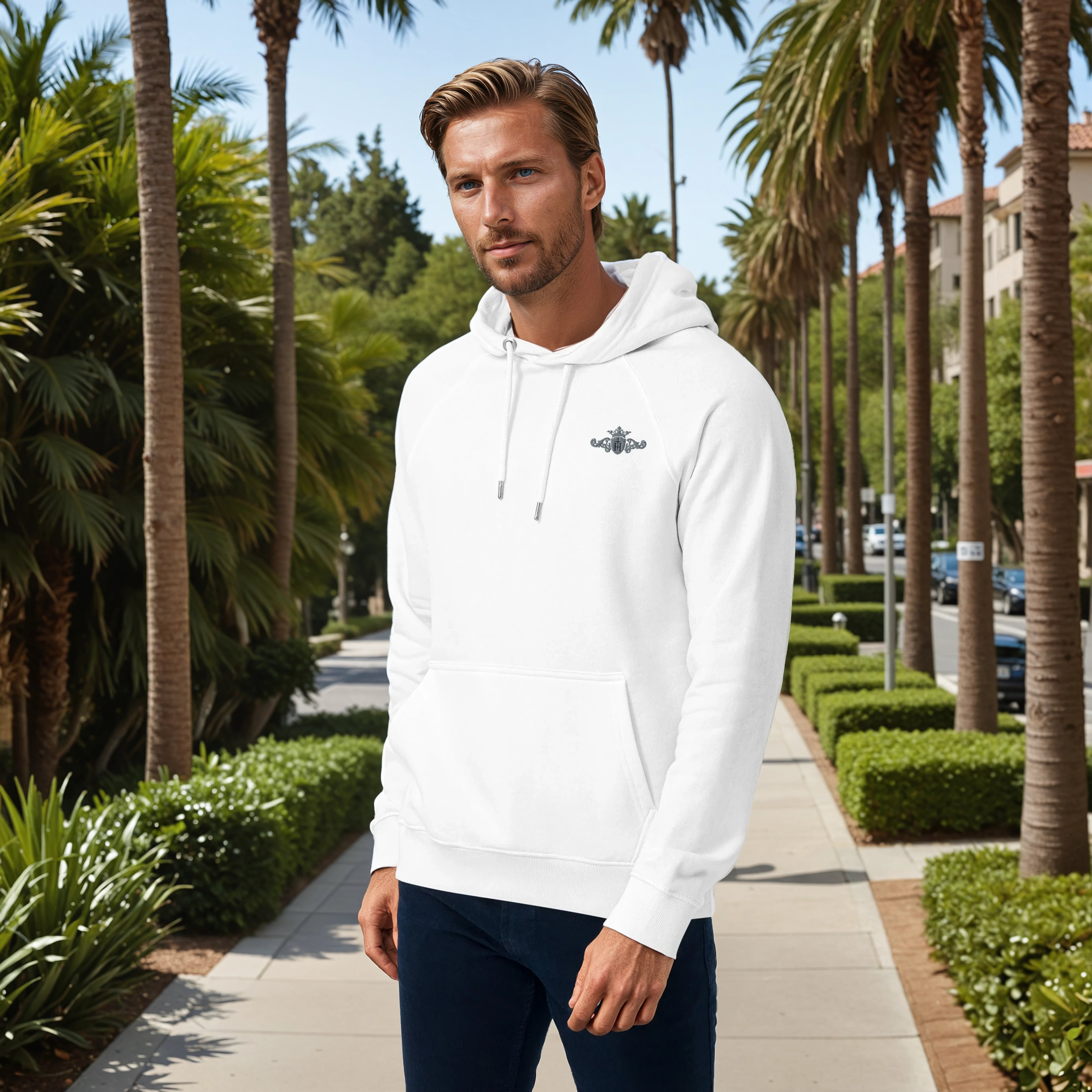 Man wearing a white hoodie with a logo in a palm tree-lined street