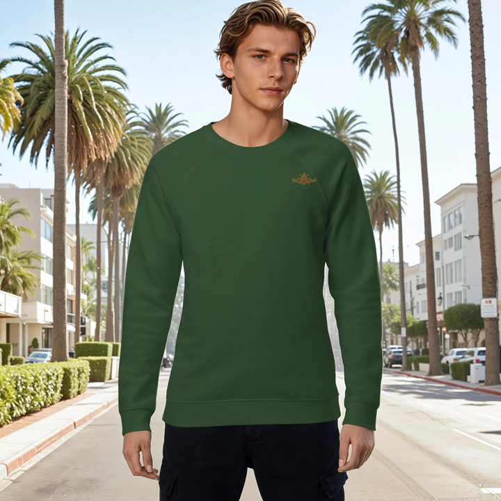 Organic Raglan Sweatshirt (Vegan) | Embroidered Gold Crest With Maroon Center (Men&
