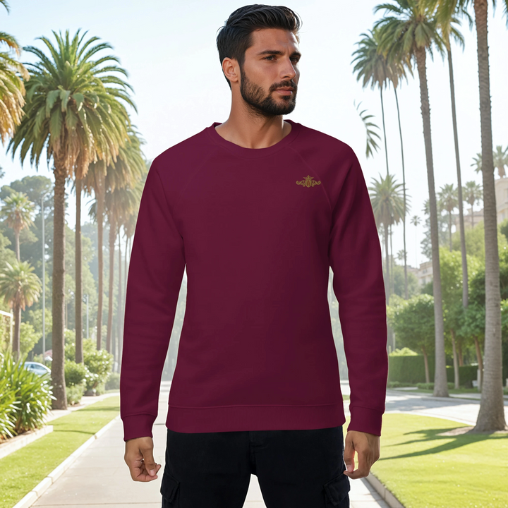 Organic Raglan Sweatshirt (Vegan) | Embroidered Gold Crest With Maroon Center (Men&